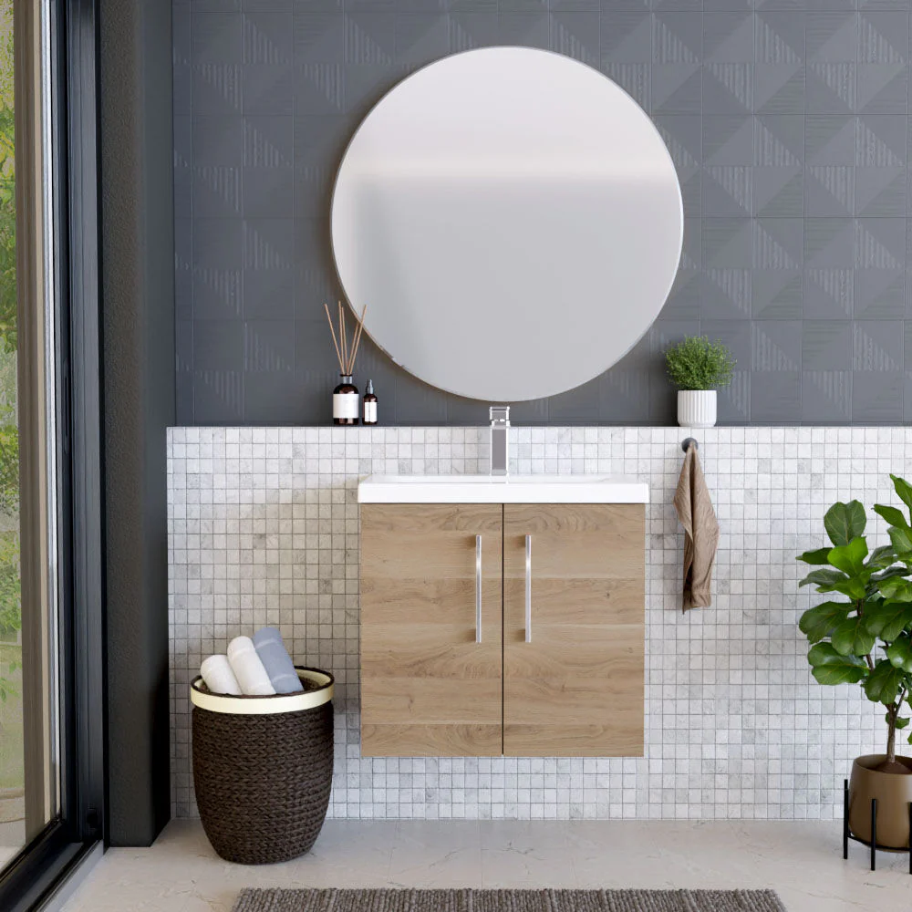 Bramshall Contemporary 2 Door Wall Hung Vanity Basin Unit with Mid-Edge Basin, Choice of Size and Colour - Image 57