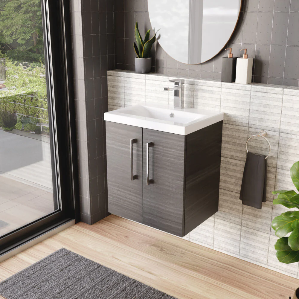 Bramshall Contemporary 2 Door Wall Hung Vanity Basin Unit with Mid-Edge Basin, Choice of Size and Colour - Image 64