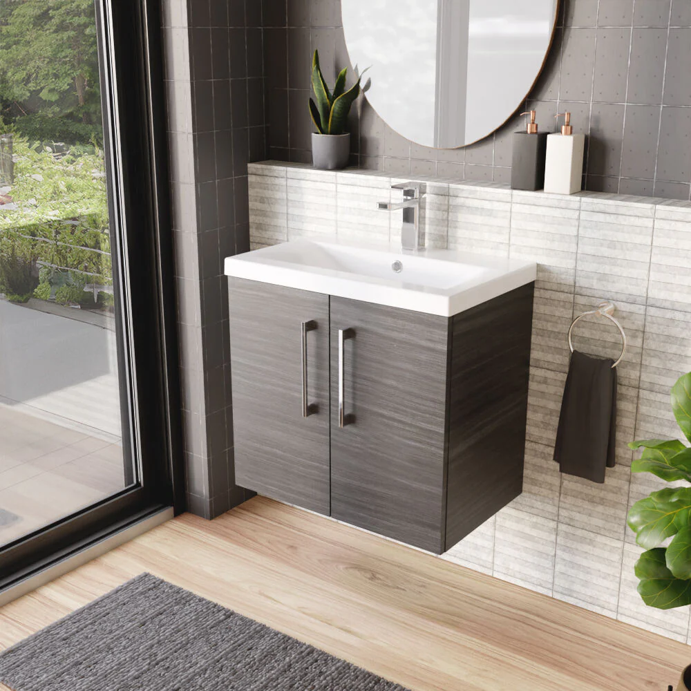 Bramshall Contemporary 2 Door Wall Hung Vanity Basin Unit with Mid-Edge Basin, Choice of Size and Colour - Image 69