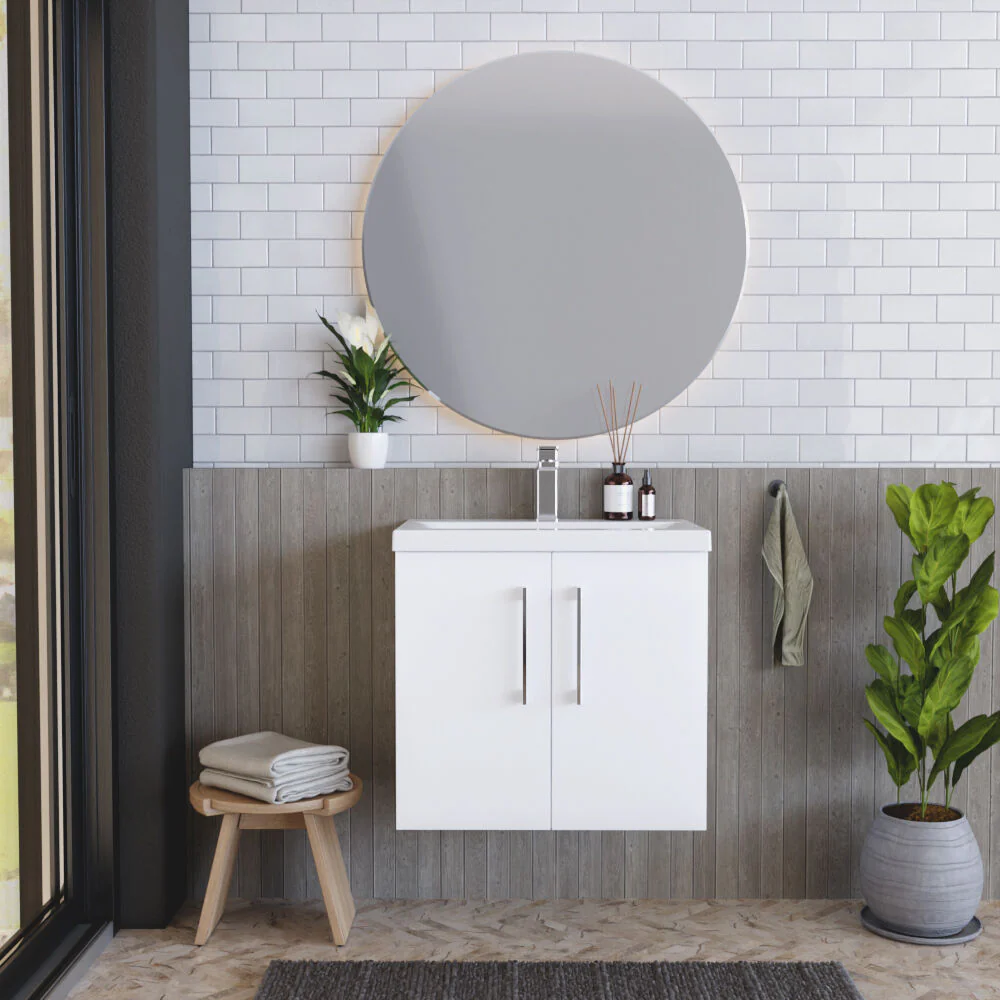 Bramshall Contemporary 2 Door Wall Hung Vanity Basin Unit with Mid-Edge Basin, Choice of Size and Colour - Image 7