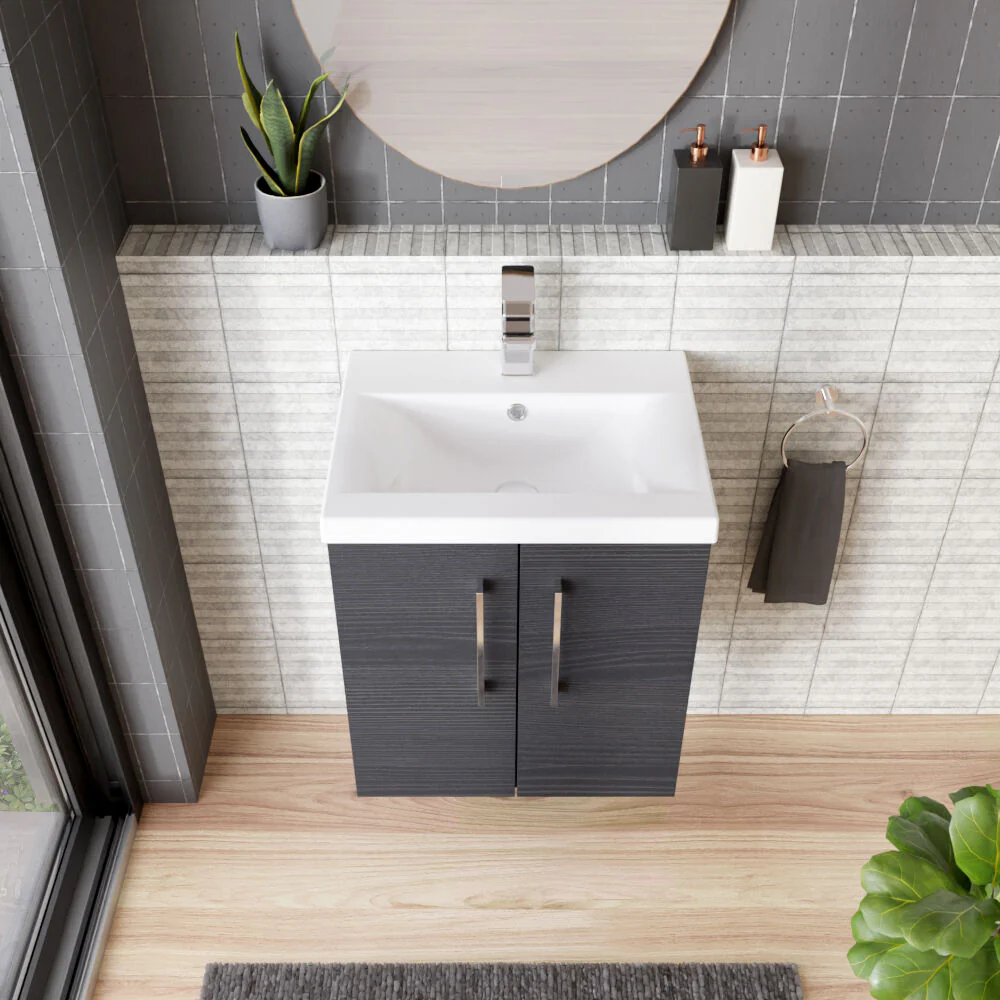 Bramshall Contemporary 2 Door Wall Hung Vanity Basin Unit with Mid-Edge Basin, Choice of Size and Colour - Image 73