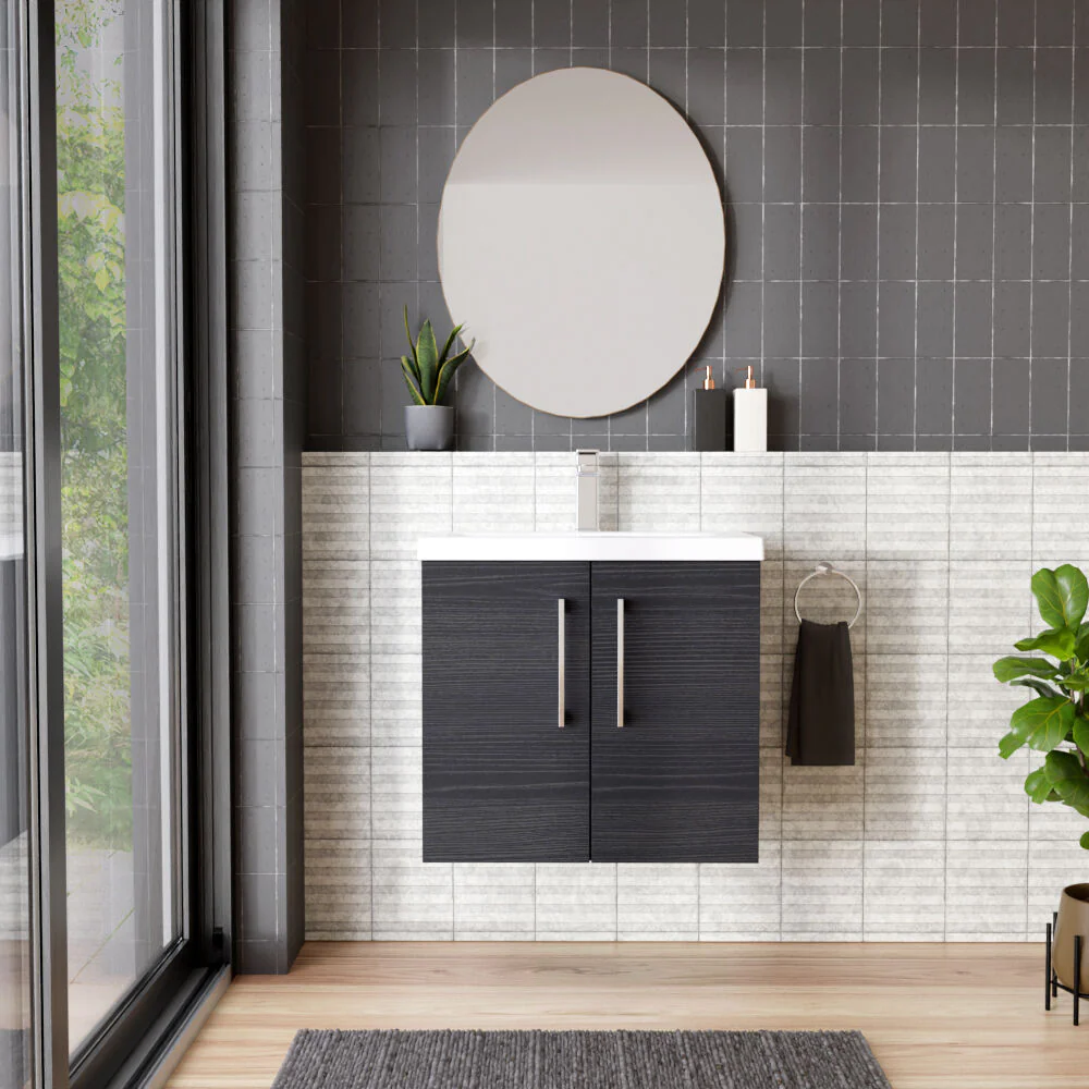 Bramshall Contemporary 2 Door Wall Hung Vanity Basin Unit with Mid-Edge Basin, Choice of Size and Colour - Image 77