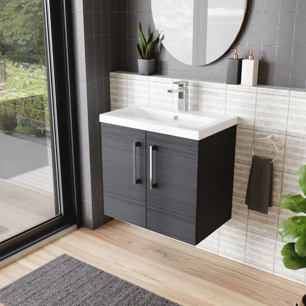 Bramshall Contemporary 2 Door Wall Hung Vanity Basin Unit with Mid-Edge Basin, Choice of Size and Colour - Image 79