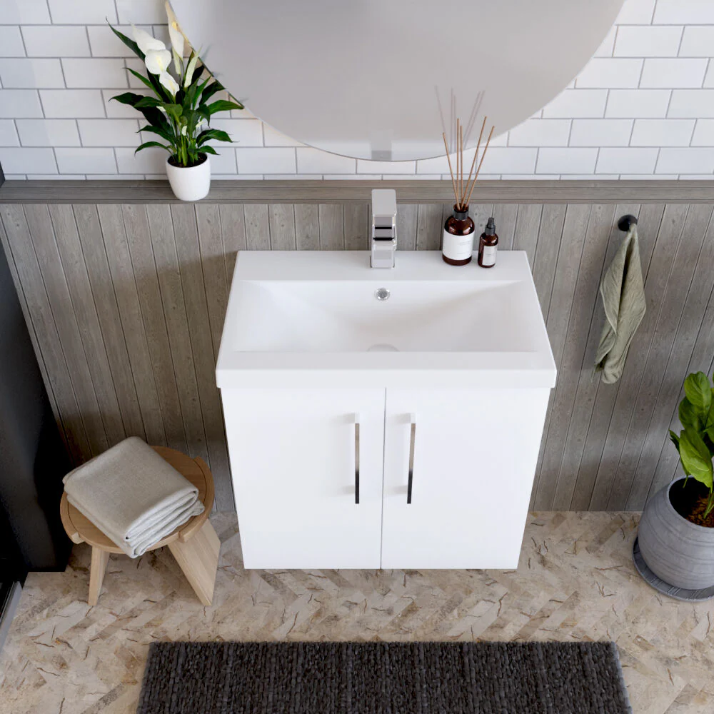 Bramshall Contemporary 2 Door Wall Hung Vanity Basin Unit with Mid-Edge Basin, Choice of Size and Colour - Image 8