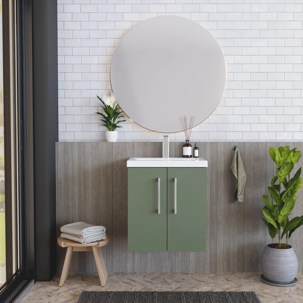 Bramshall Contemporary 2 Door Wall Hung Vanity Basin Unit with Mid-Edge Basin, Choice of Size and Colour - Image 82