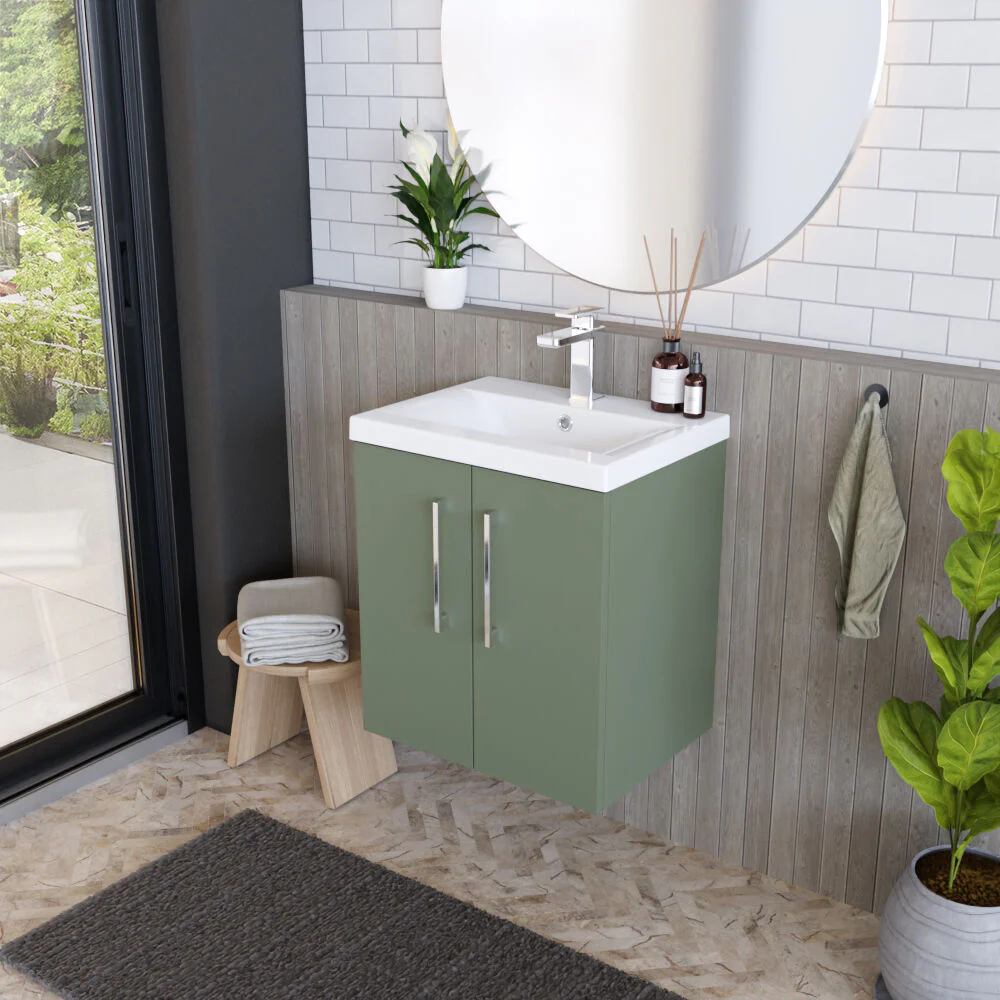 Bramshall Contemporary 2 Door Wall Hung Vanity Basin Unit with Mid-Edge Basin, Choice of Size and Colour - Image 84