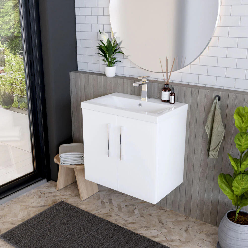 Bramshall Contemporary 2 Door Wall Hung Vanity Basin Unit with Mid-Edge Basin, Choice of Size and Colour - Image 9