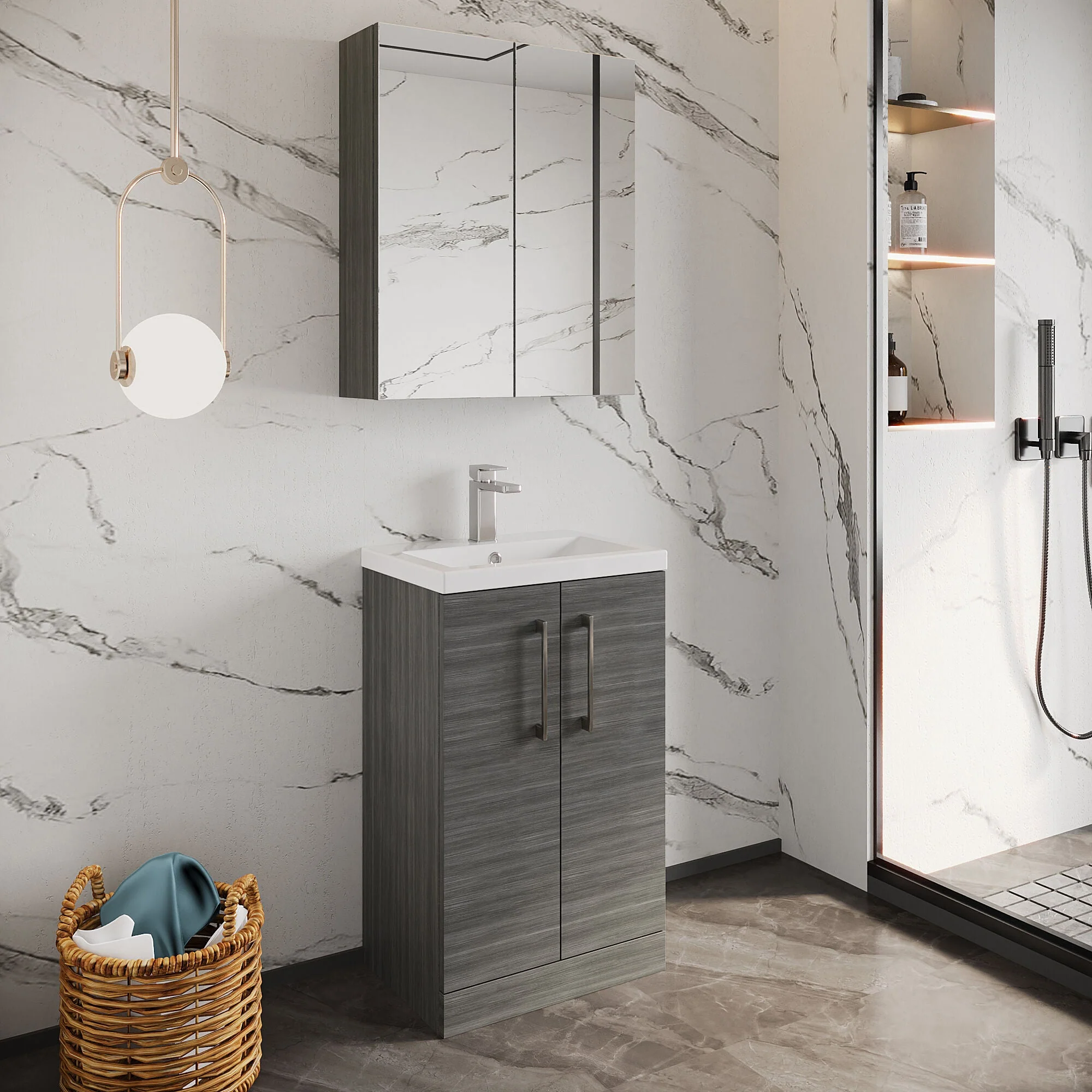 Bramshall Contemporary Compact Floor Standing Vanity Basin Unit with Polymarble Basin, 500mm, Choice of Colour and Handle Finish - Image 12