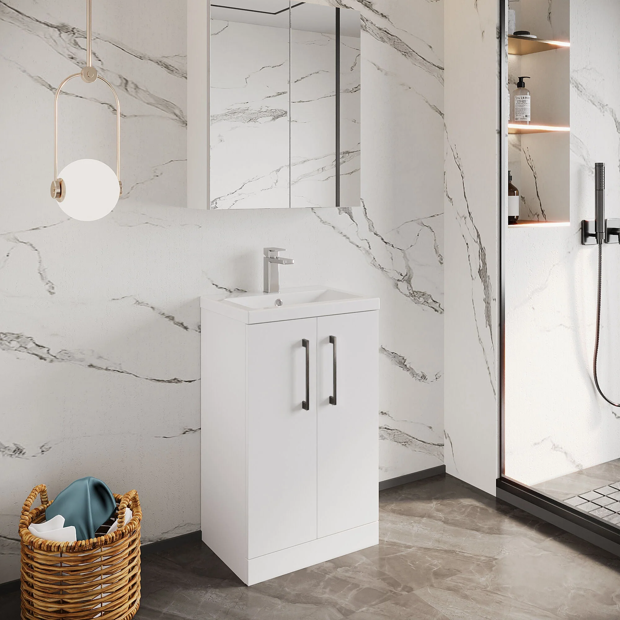 Bramshall Contemporary Compact Floor Standing Vanity Basin Unit with Polymarble Basin, 500mm, Choice of Colour and Handle Finish - Image 42