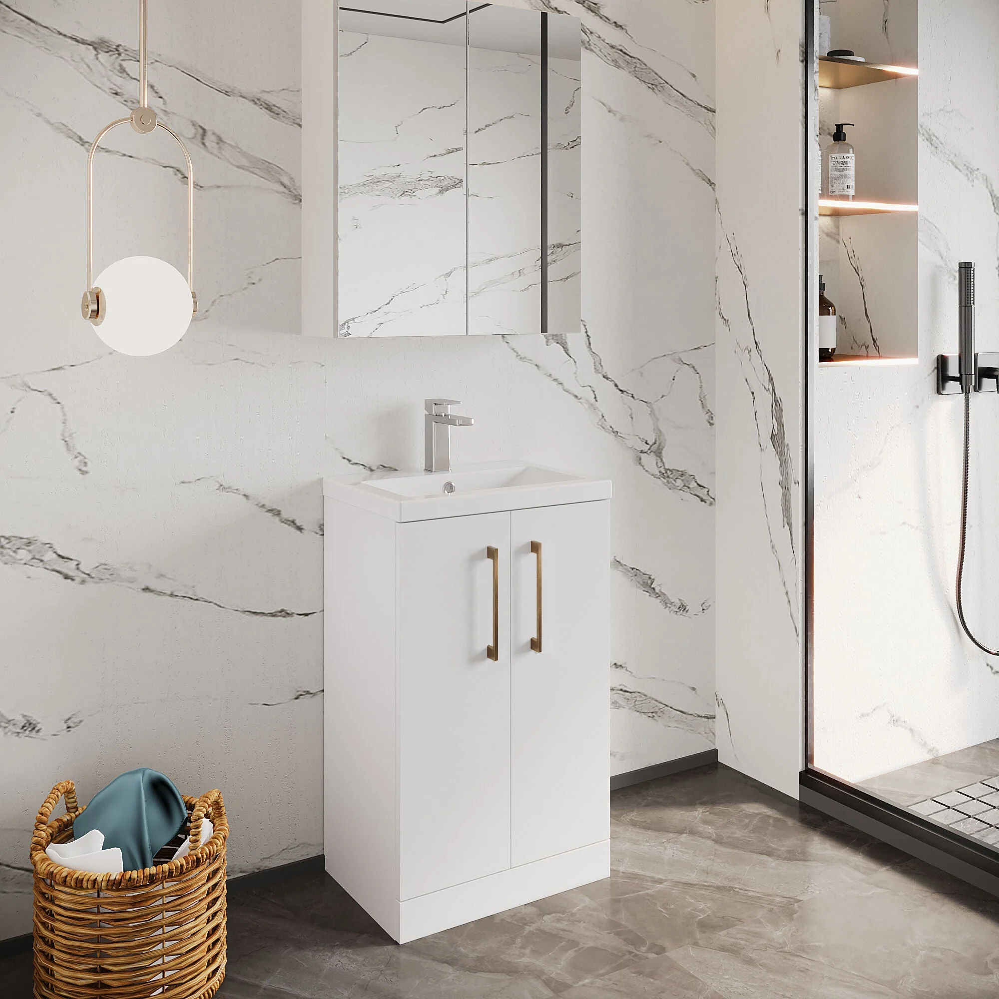 Bramshall Contemporary Compact Floor Standing Vanity Basin Unit with Polymarble Basin, 500mm, Choice of Colour and Handle Finish - Image 45