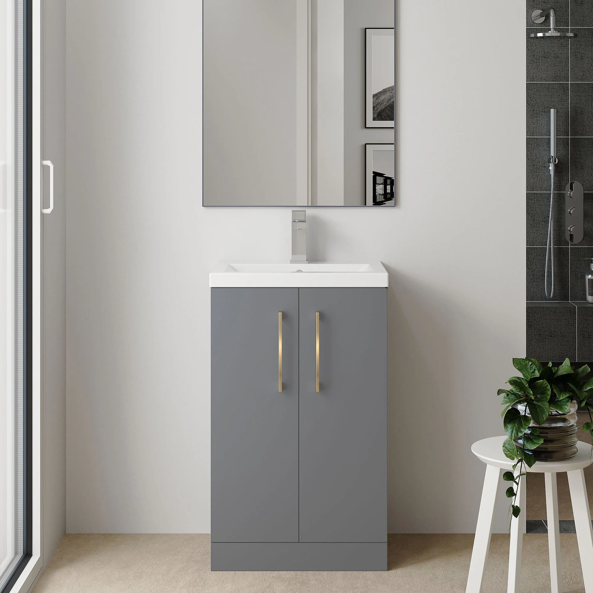 Bramshall Contemporary Compact Floor Standing Vanity Basin Unit with Polymarble Basin, 500mm, Choice of Colour and Handle Finish - Image 70