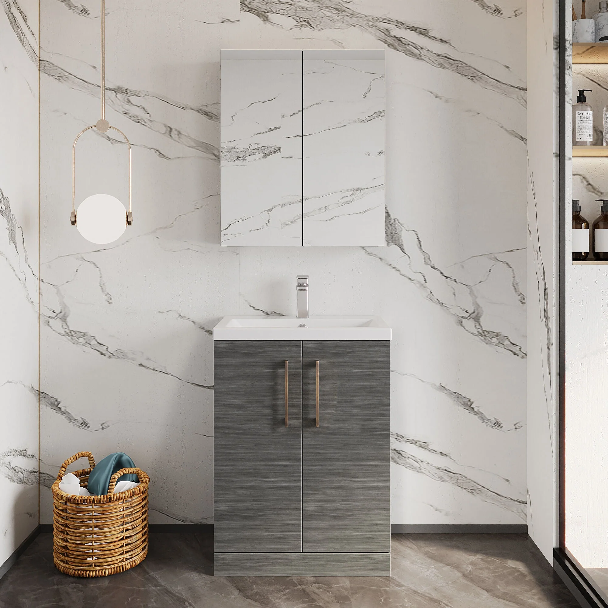 Bramshall Contemporary Compact Floor Standing Vanity Basin Unit with Polymarble Basin, 600mm, Choice of Colour and Handle Finish - Image 11