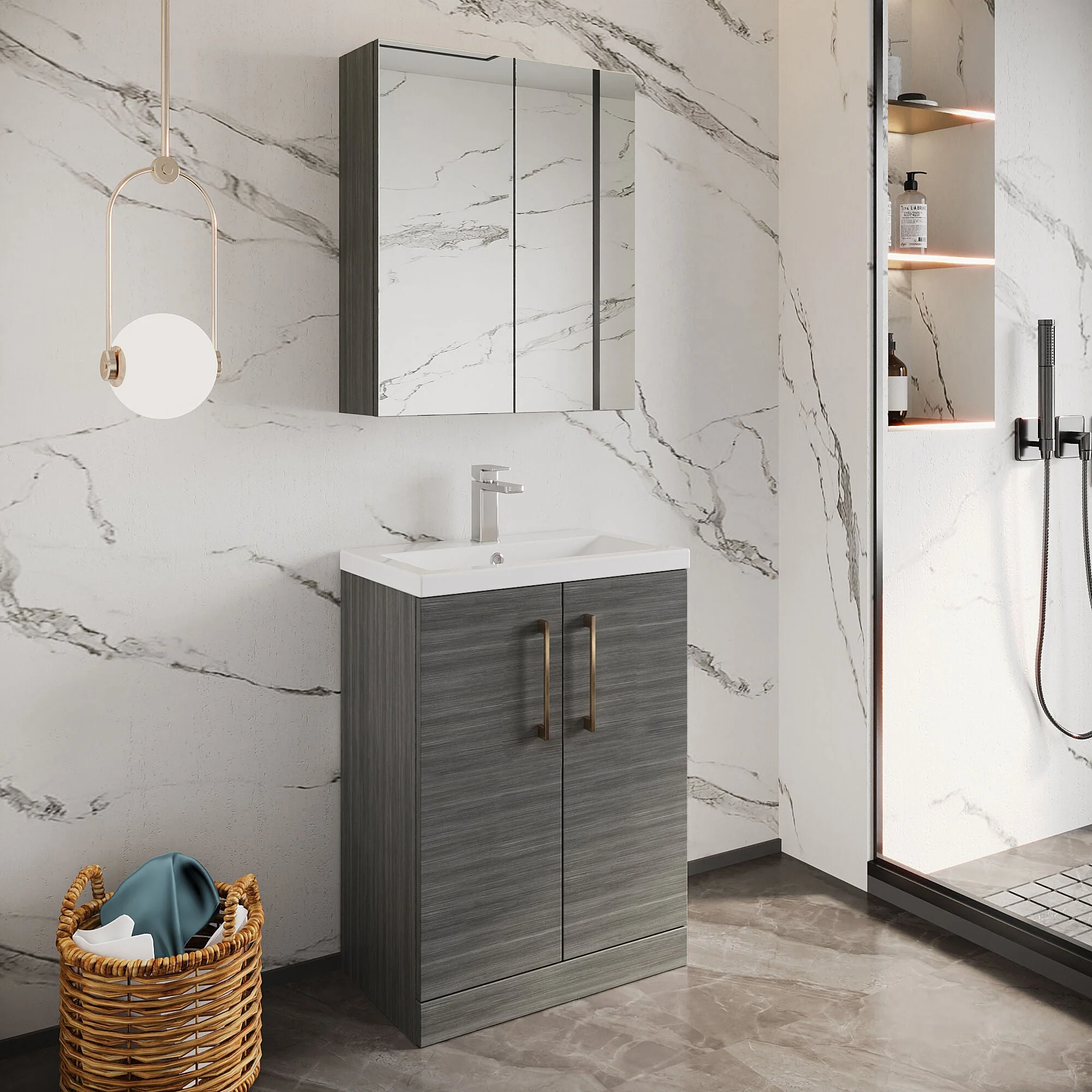 Bramshall Contemporary Compact Floor Standing Vanity Basin Unit with Polymarble Basin, 600mm, Choice of Colour and Handle Finish - Image 12