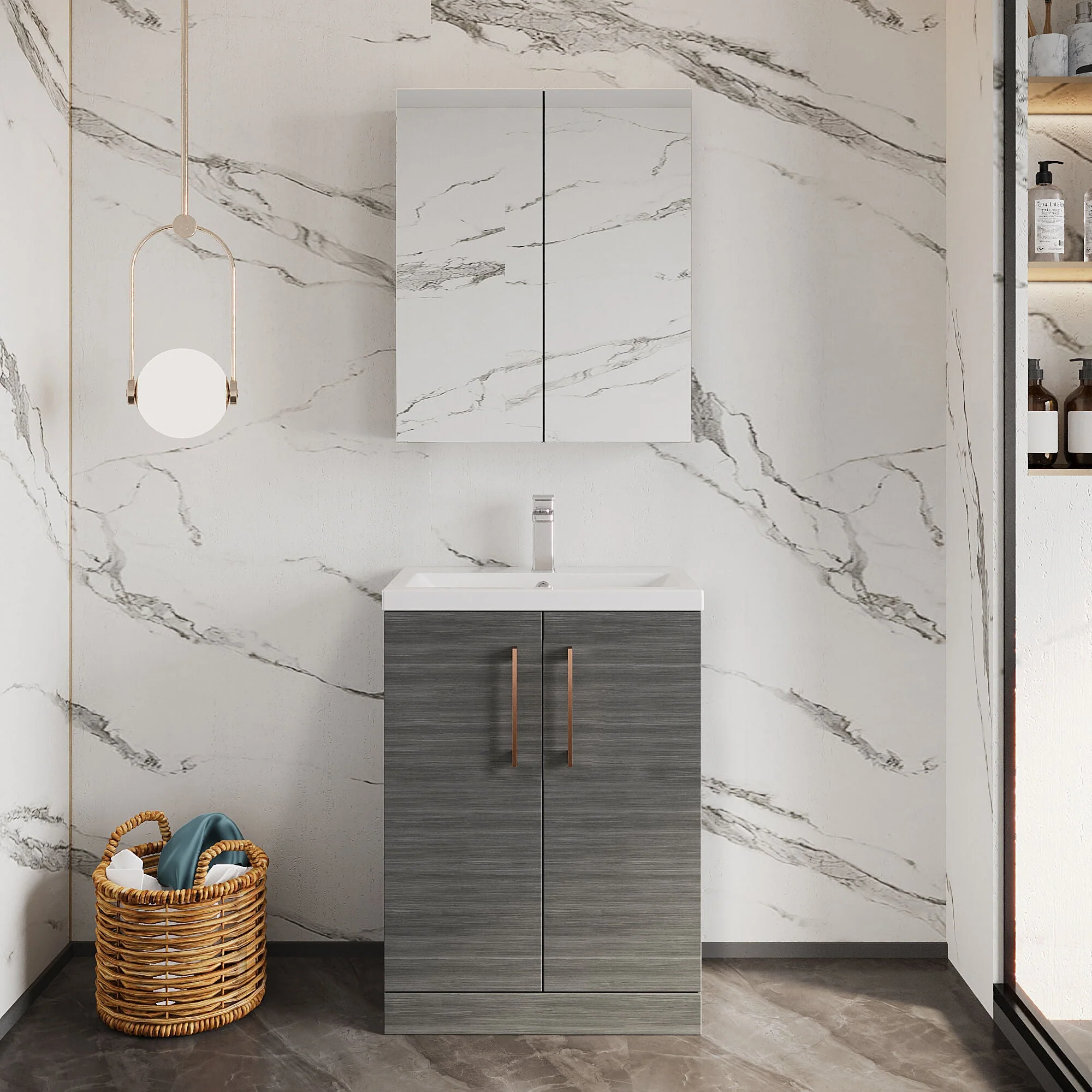 Bramshall Contemporary Compact Floor Standing Vanity Basin Unit with Polymarble Basin, 600mm, Choice of Colour and Handle Finish - Image 2