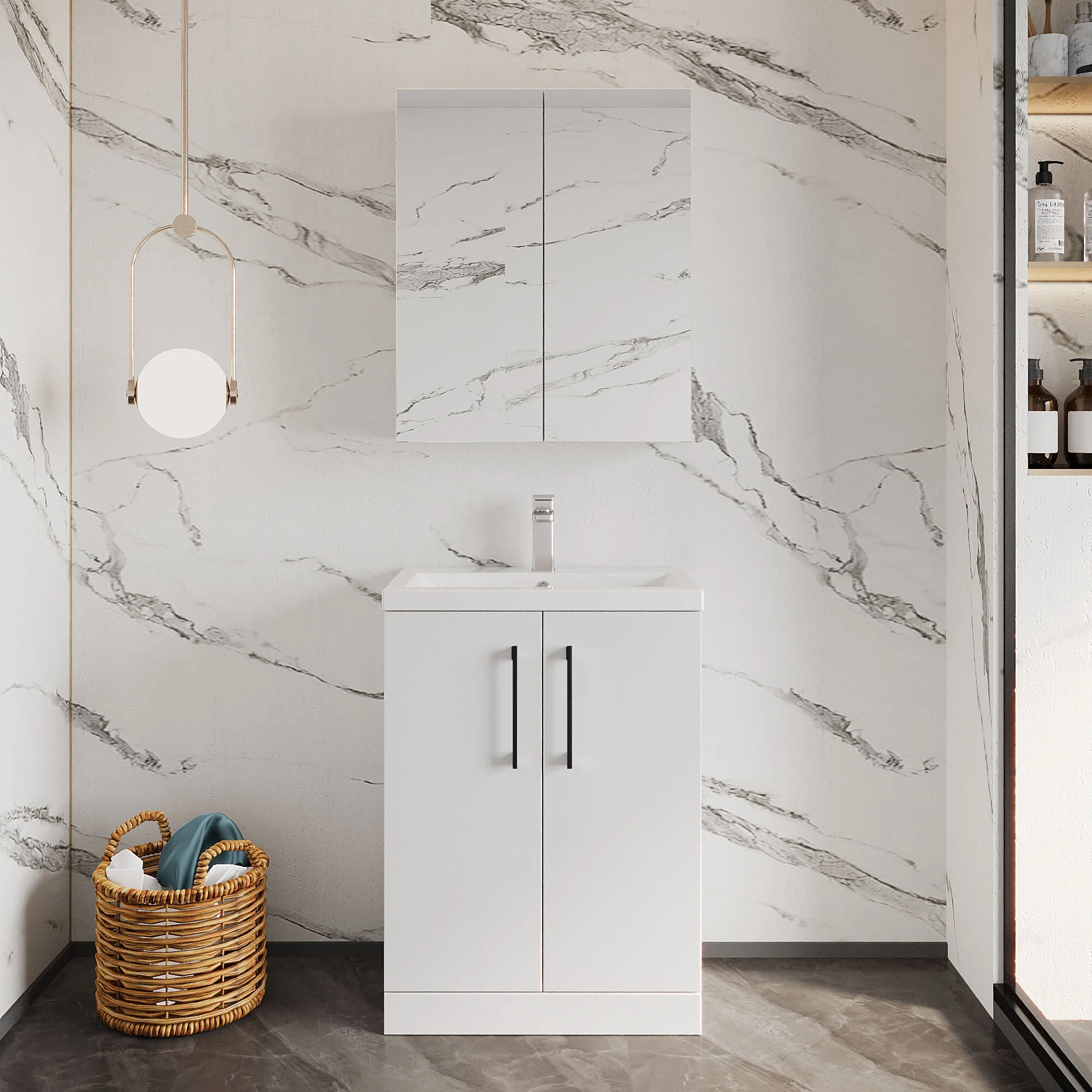 Bramshall Contemporary Compact Floor Standing Vanity Basin Unit with Polymarble Basin, 600mm, Choice of Colour and Handle Finish - Image 32