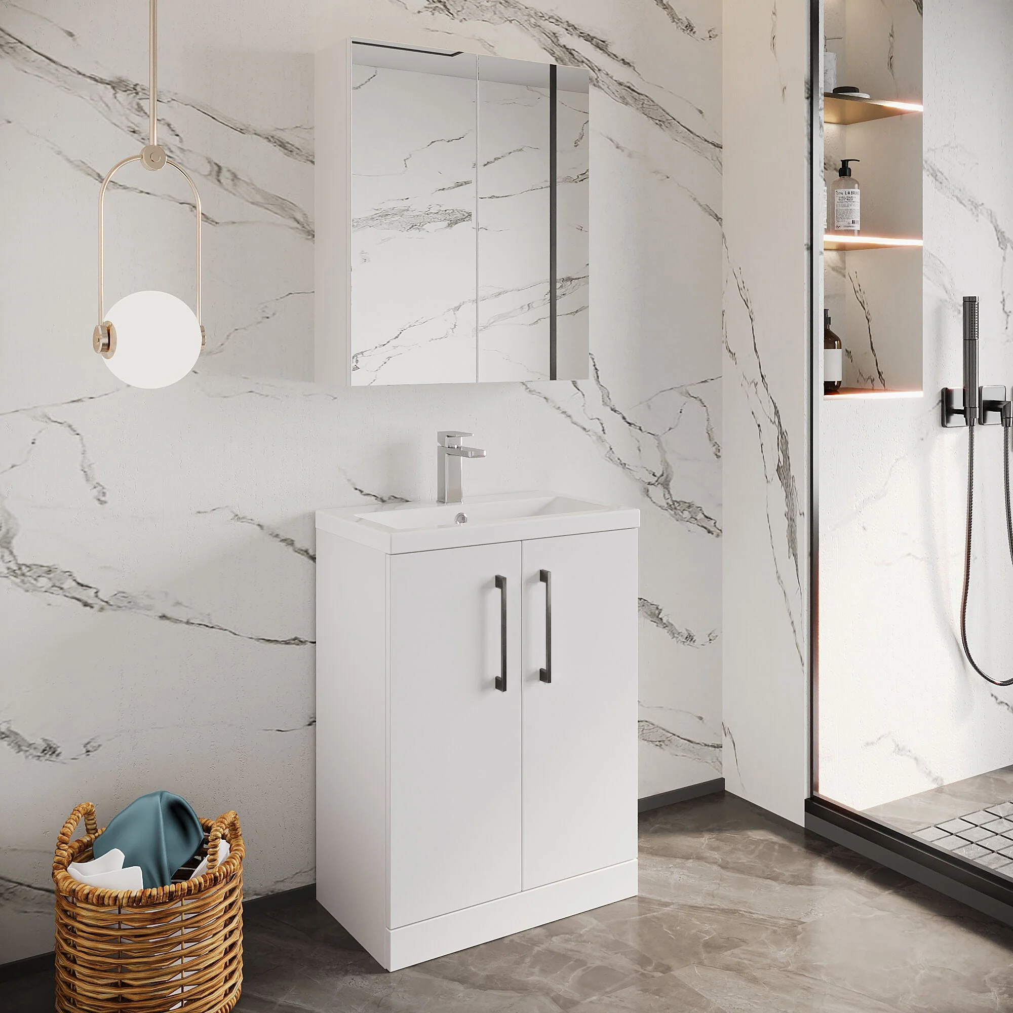Bramshall Contemporary Compact Floor Standing Vanity Basin Unit with Polymarble Basin, 600mm, Choice of Colour and Handle Finish - Image 39