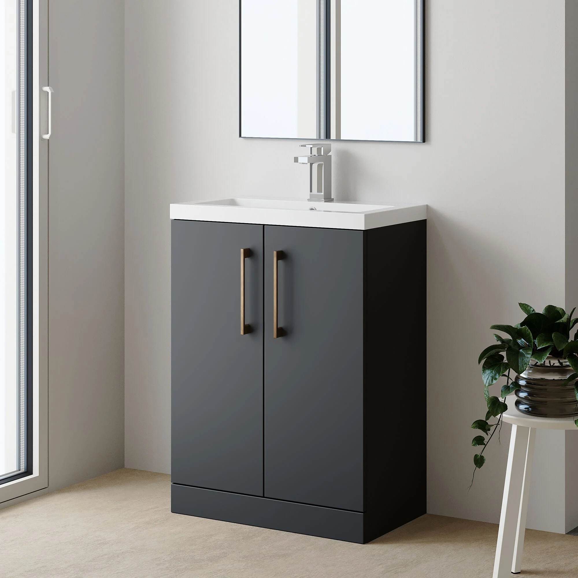 Bramshall Contemporary Compact Floor Standing Vanity Basin Unit with Polymarble Basin, 600mm, Choice of Colour and Handle Finish - Image 58