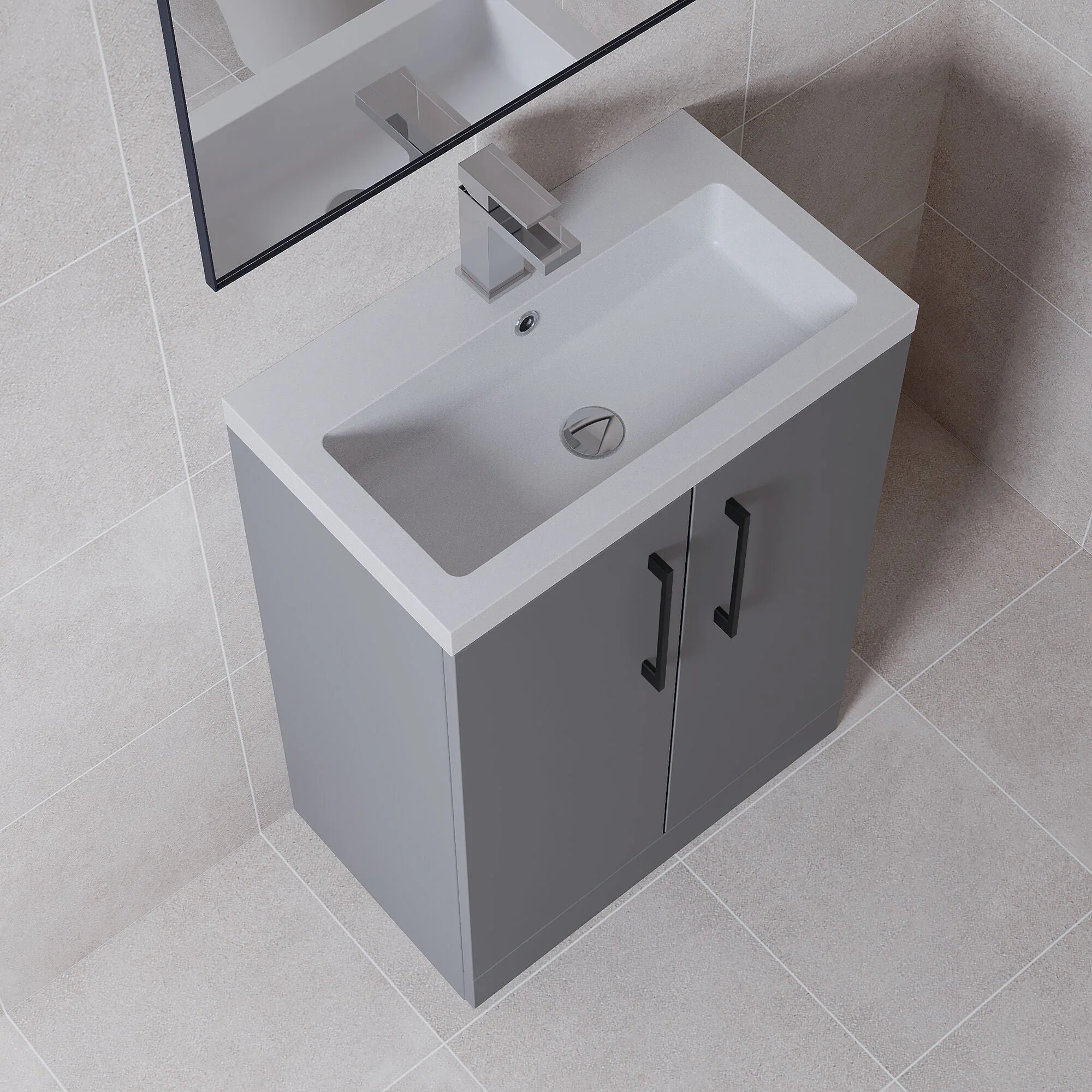 Bramshall Contemporary Compact Floor Standing Vanity Basin Unit with Polymarble Basin, 600mm, Choice of Colour and Handle Finish - Image 63