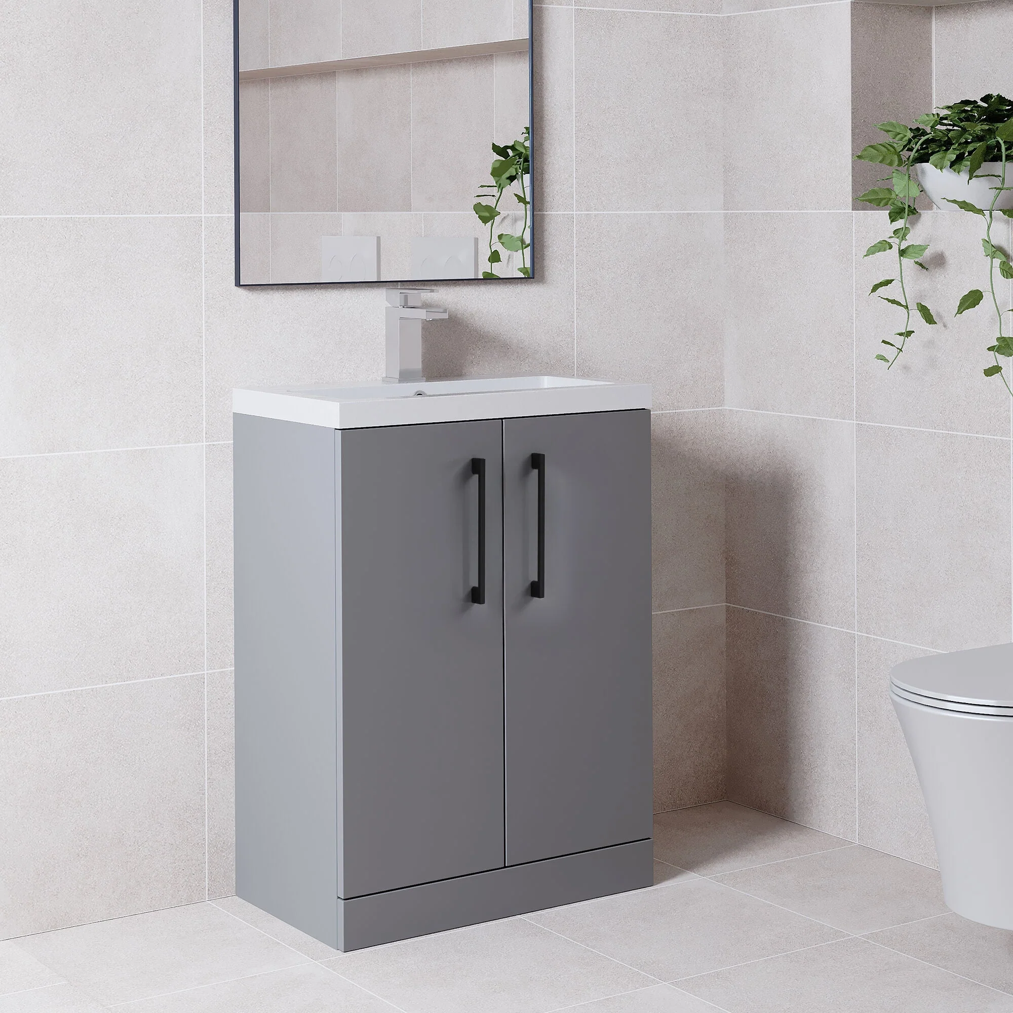 Bramshall Contemporary Compact Floor Standing Vanity Basin Unit with Polymarble Basin, 600mm, Choice of Colour and Handle Finish - Image 64
