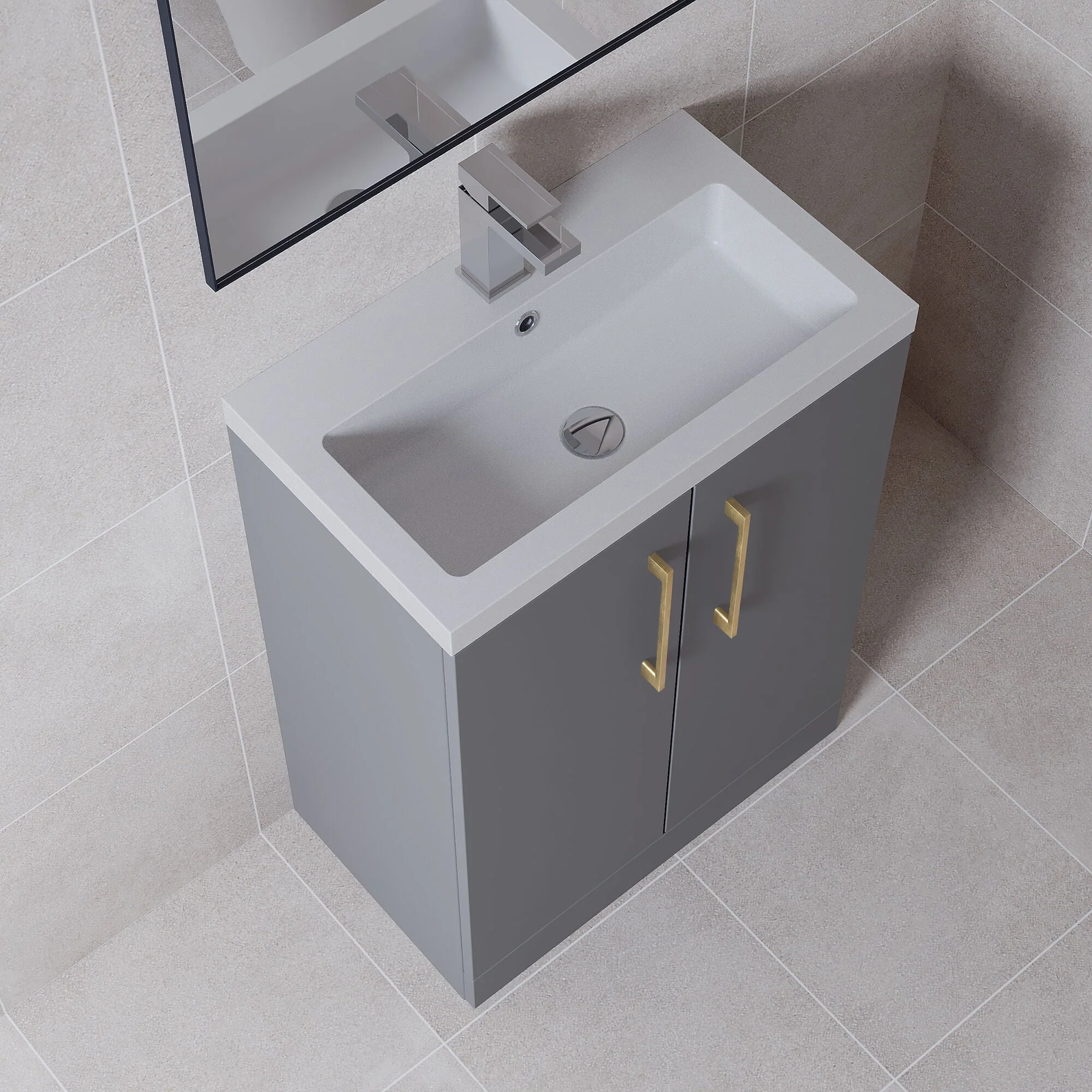 Bramshall Contemporary Compact Floor Standing Vanity Basin Unit with Polymarble Basin, 600mm, Choice of Colour and Handle Finish - Image 66