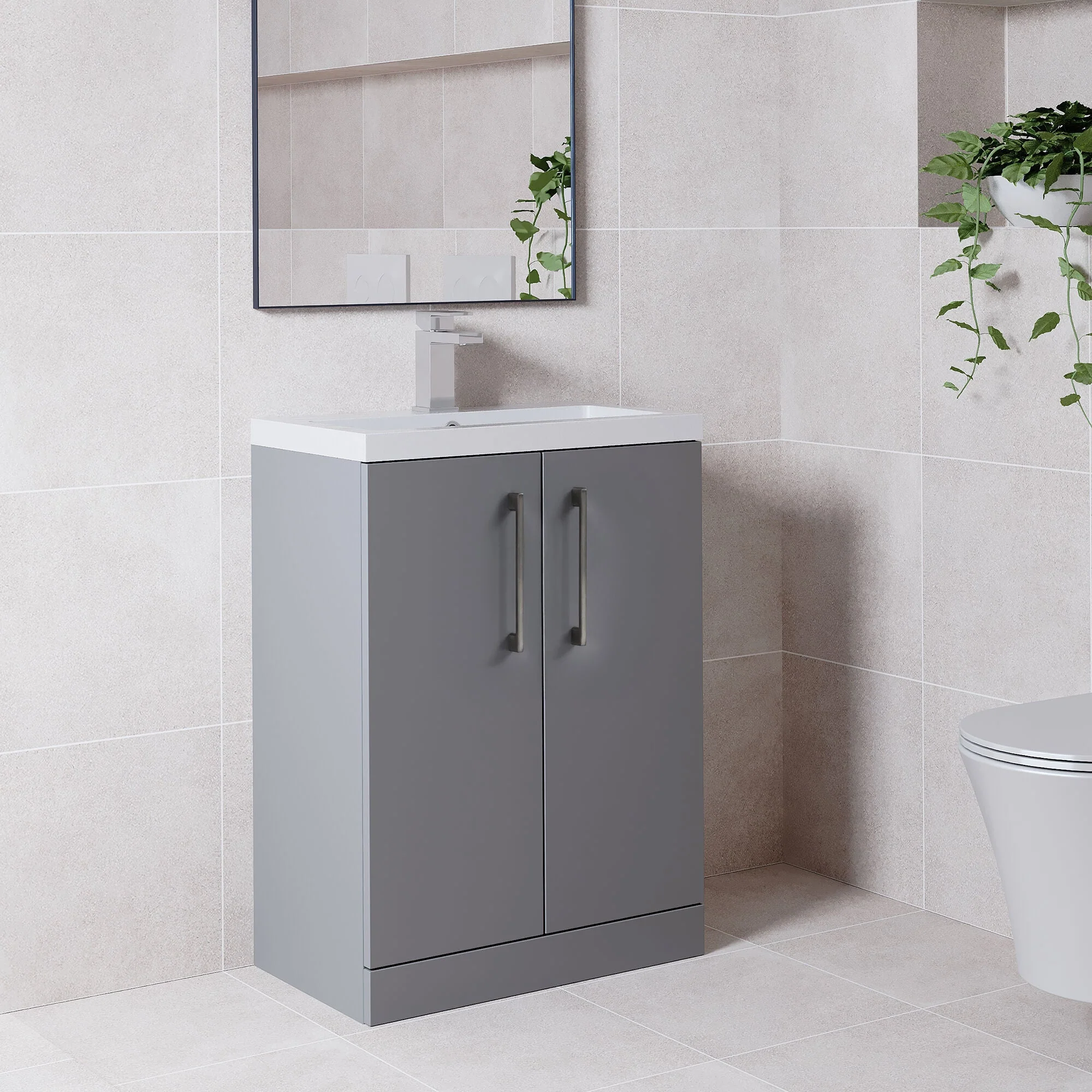 Bramshall Contemporary Compact Floor Standing Vanity Basin Unit with Polymarble Basin, 600mm, Choice of Colour and Handle Finish - Image 70