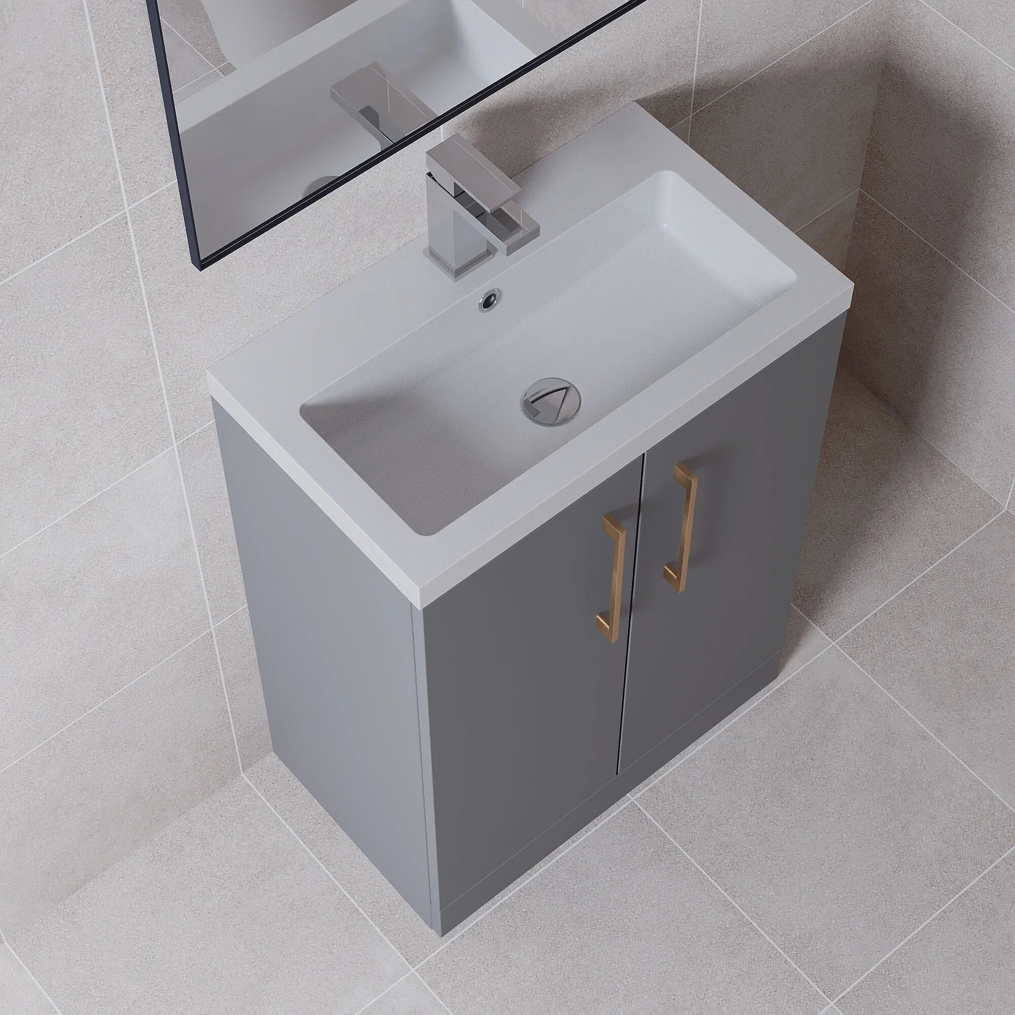 Bramshall Contemporary Compact Floor Standing Vanity Basin Unit with Polymarble Basin, 600mm, Choice of Colour and Handle Finish - Image 72