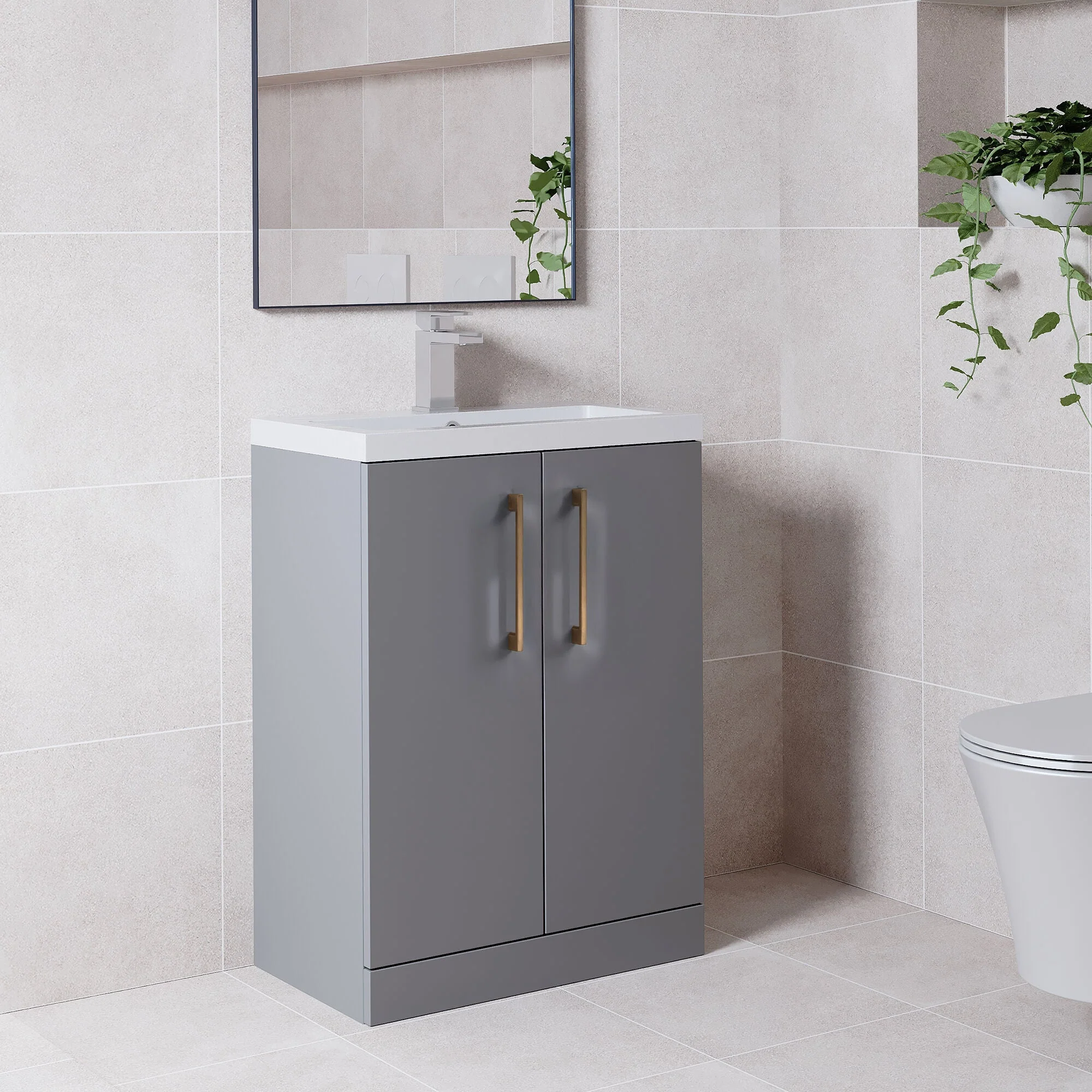 Bramshall Contemporary Compact Floor Standing Vanity Basin Unit with Polymarble Basin, 600mm, Choice of Colour and Handle Finish - Image 73