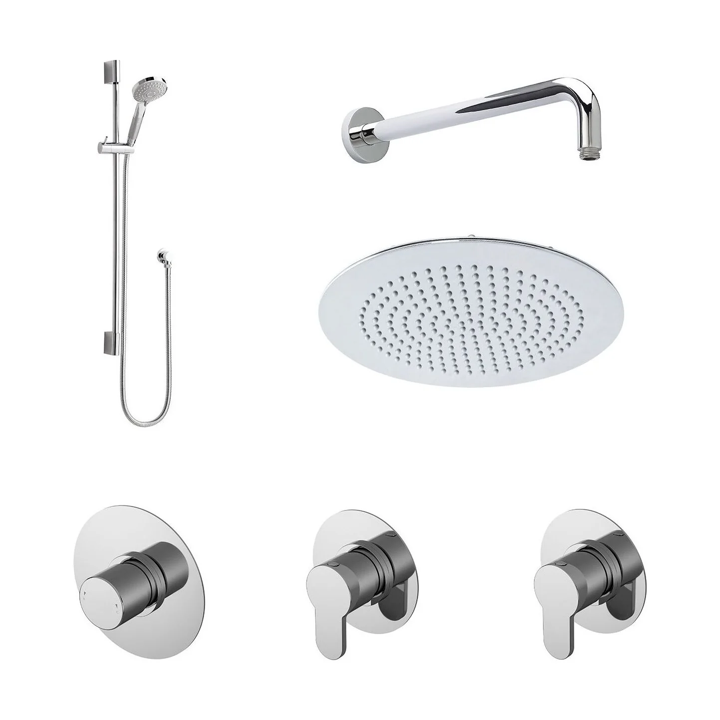 2 Outlet Concealed Valves Shower Bundle with Slide Rail Kit, Wall Mount Arm & Head - Chrome