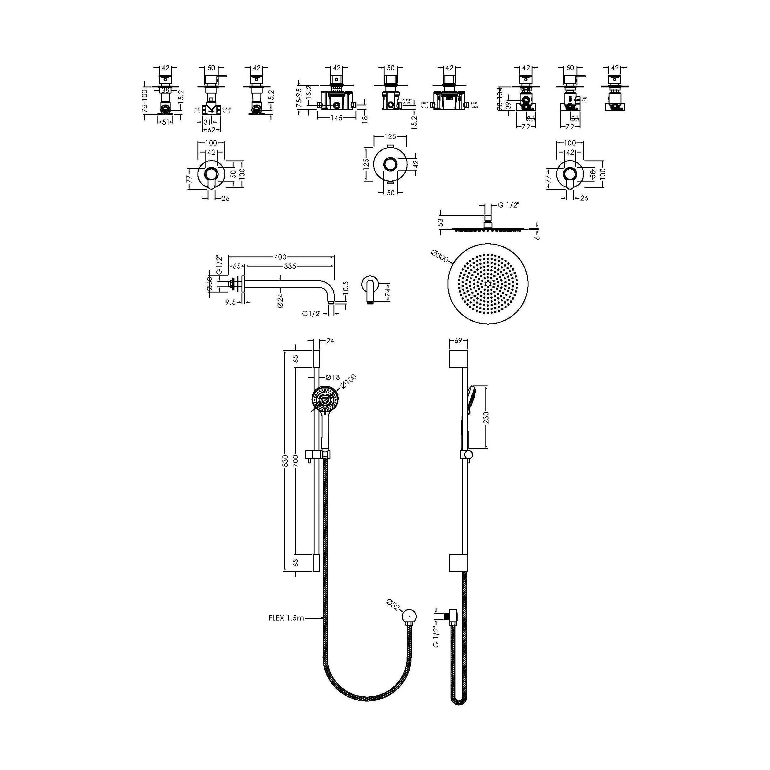 2 Outlet Concealed Valves Shower Bundle with Slide Rail Kit, Wall Mount Arm & Head - Chrome - Image 2