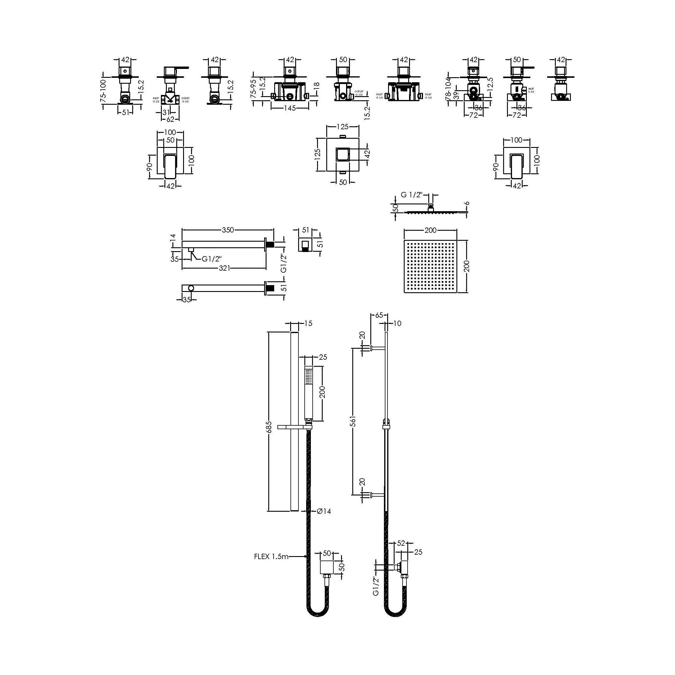 2 Outlet Concealed Valves Shower Bundle with Slide Rail Kit, Wall Mount Arm & Head - Chrome - Image 2