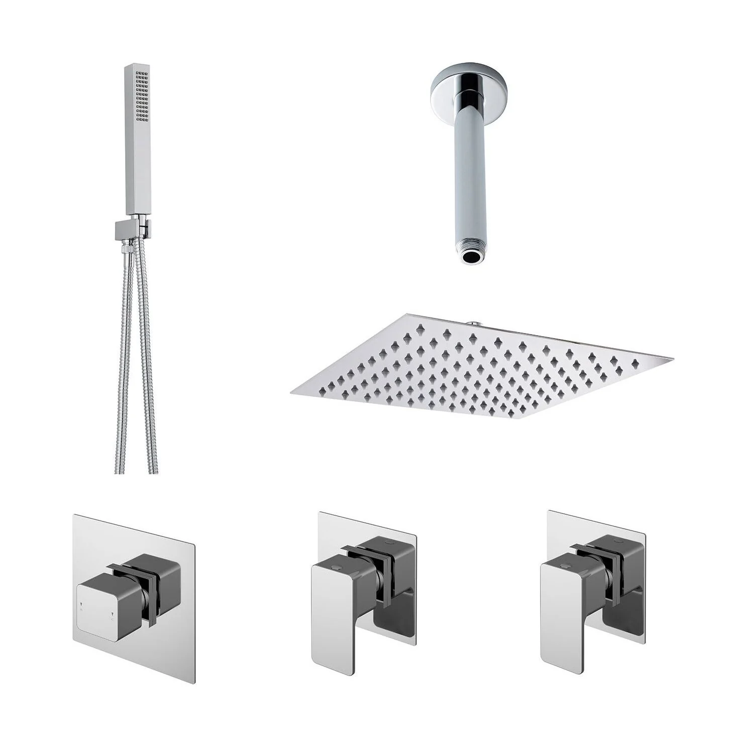 2 Outlet Concealed Valves Shower Bundle with Handset, Ceiling Mount Arm & Head - Chrome