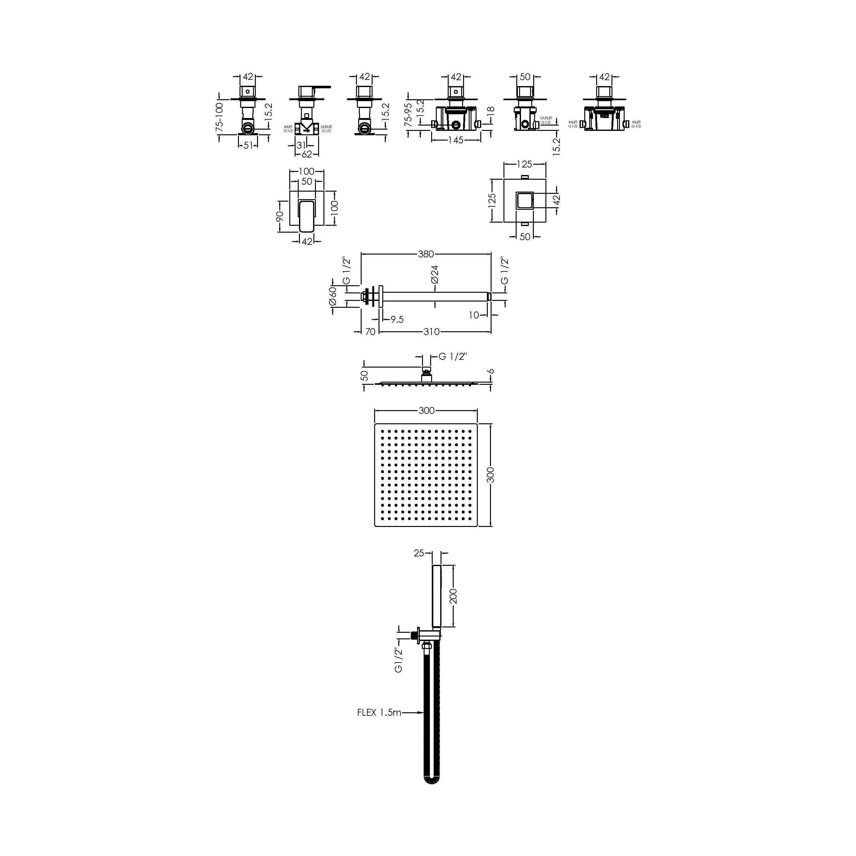 2 Outlet Concealed Valves Shower Bundle with Handset, Ceiling Mount Arm & Head - Chrome - Image 2