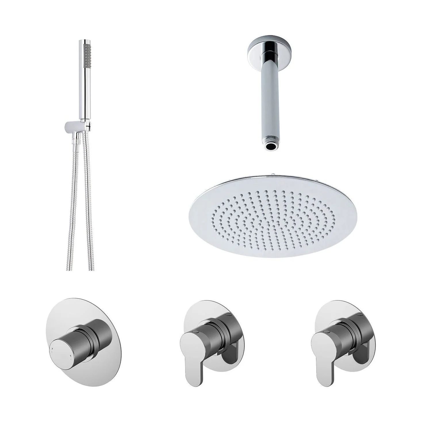 2 Outlet Concealed Valves Shower Bundle with Handset, Ceiling Mount Arm & Head - Chrome