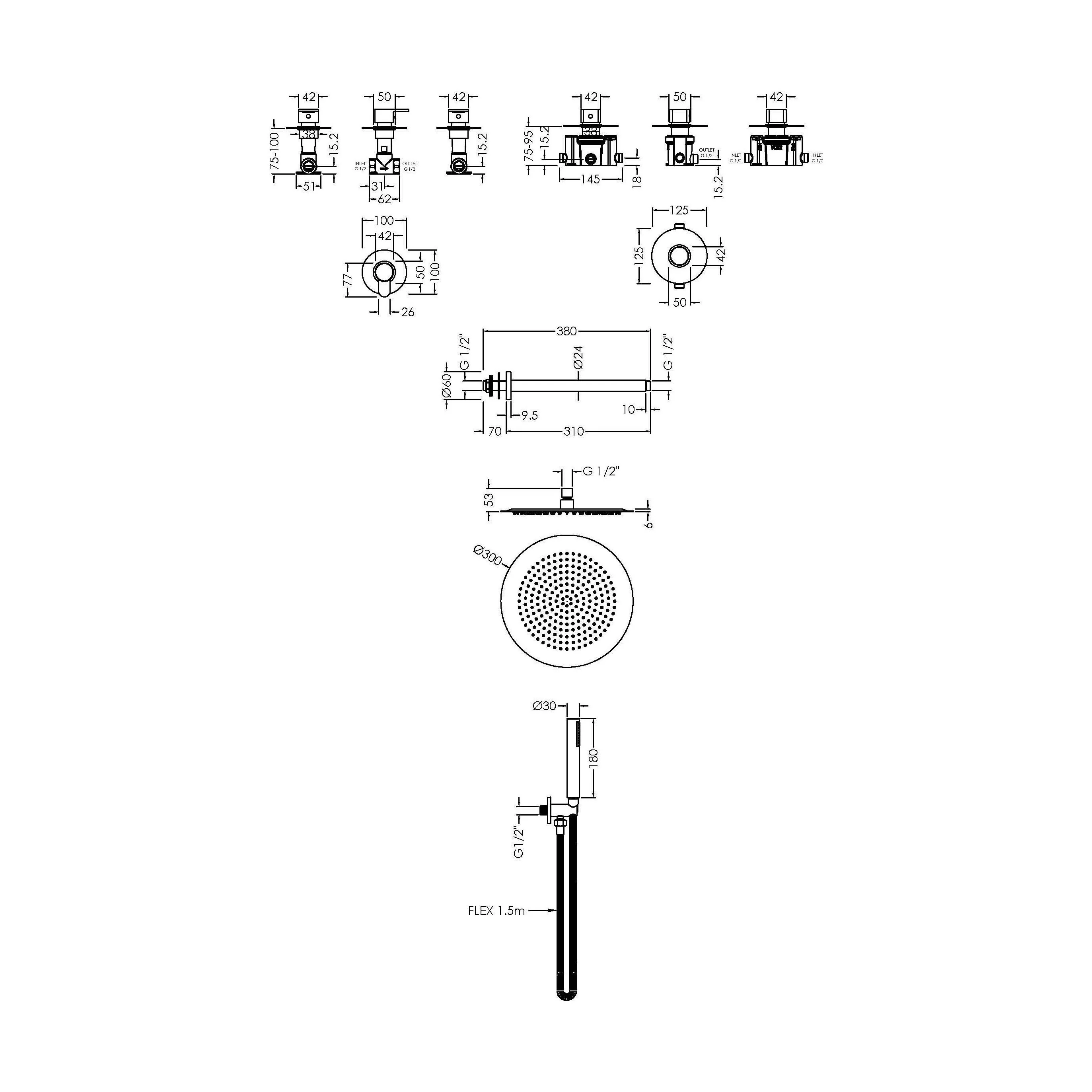 2 Outlet Concealed Valves Shower Bundle with Handset, Ceiling Mount Arm & Head - Chrome - Image 2