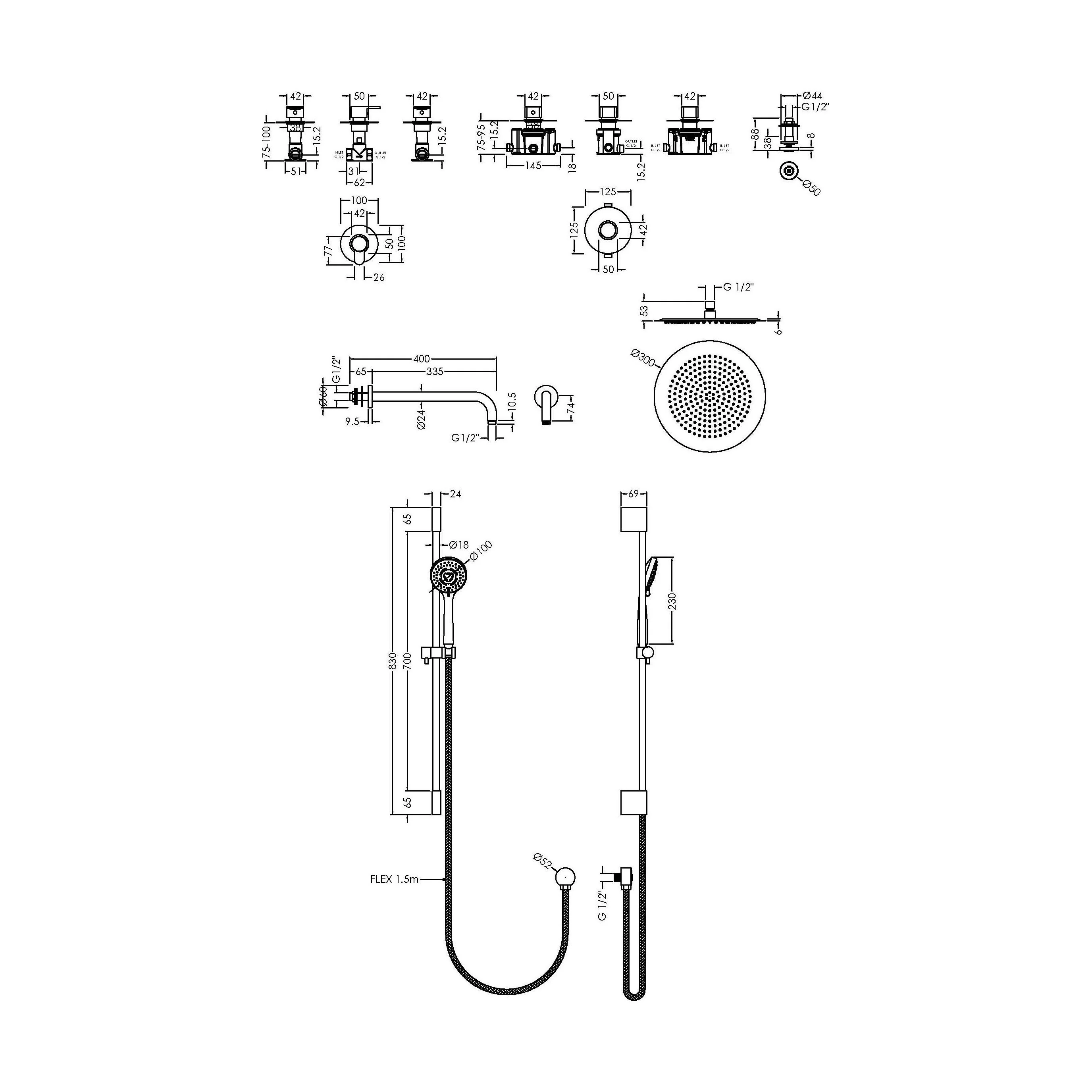 3 Outlet Concealed Valves Shower Bundle with Slide Rail Kit, Wall Mount Arm, Head & Body Jet- Chrome - Image 2