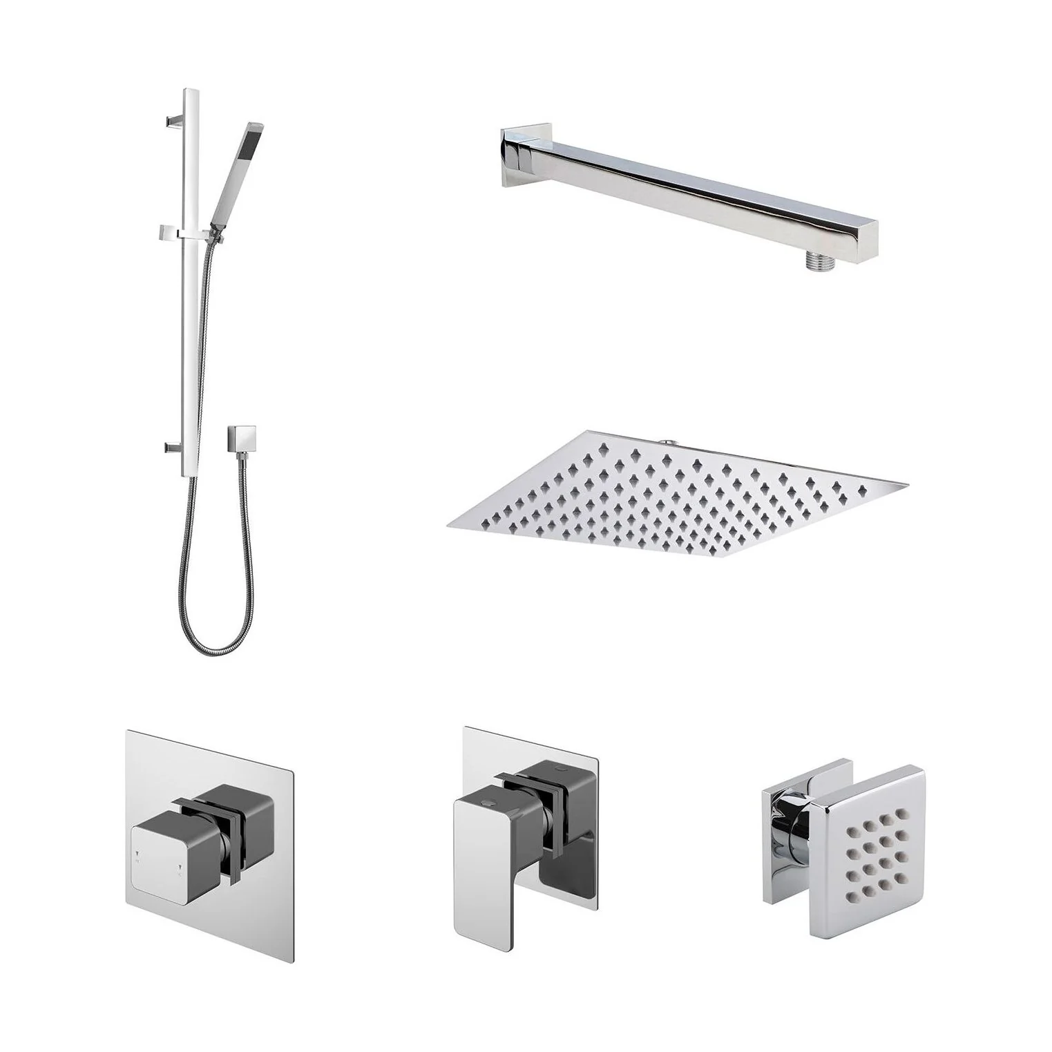 3 Outlet Concealed Valves Shower Bundle with Slide Rail Kit, Wall Mount Arm, Head & Body Jet- Chrome