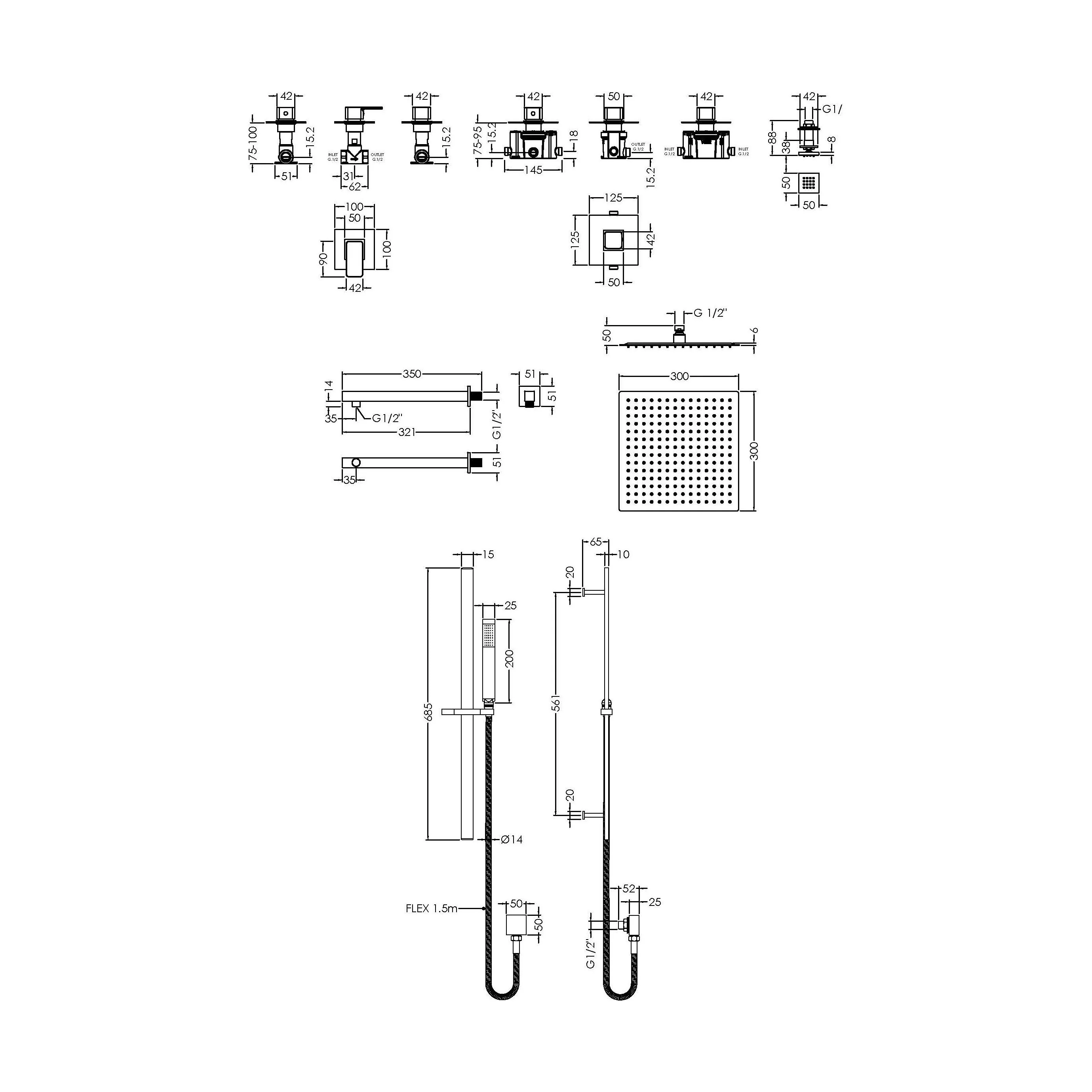 3 Outlet Concealed Valves Shower Bundle with Slide Rail Kit, Wall Mount Arm, Head & Body Jet- Chrome - Image 2