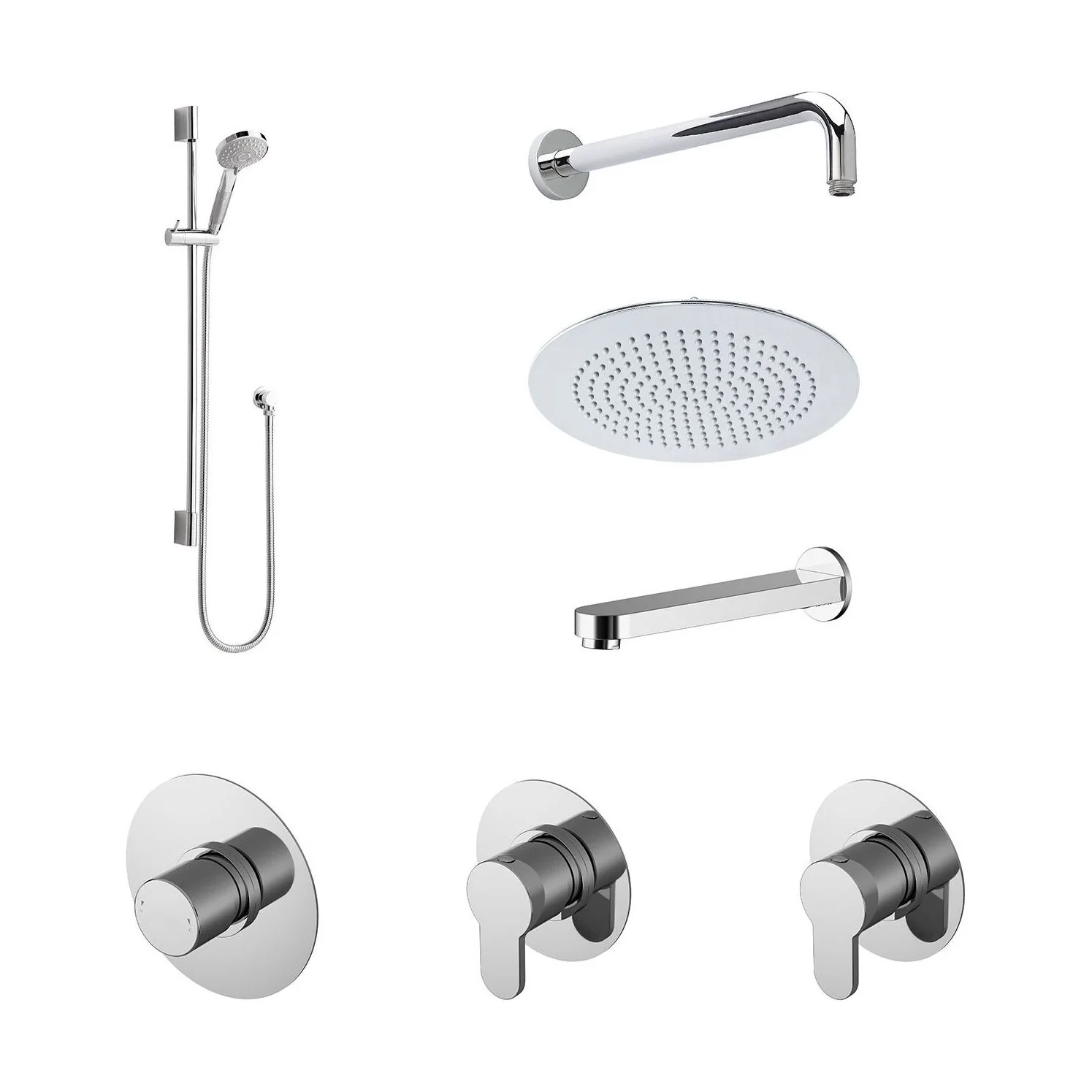 3 Outlet Concealed Valves Shower Bundle with Slide Rail Kit, Wall Mount Arm, Head & Bath Spout- Chrome