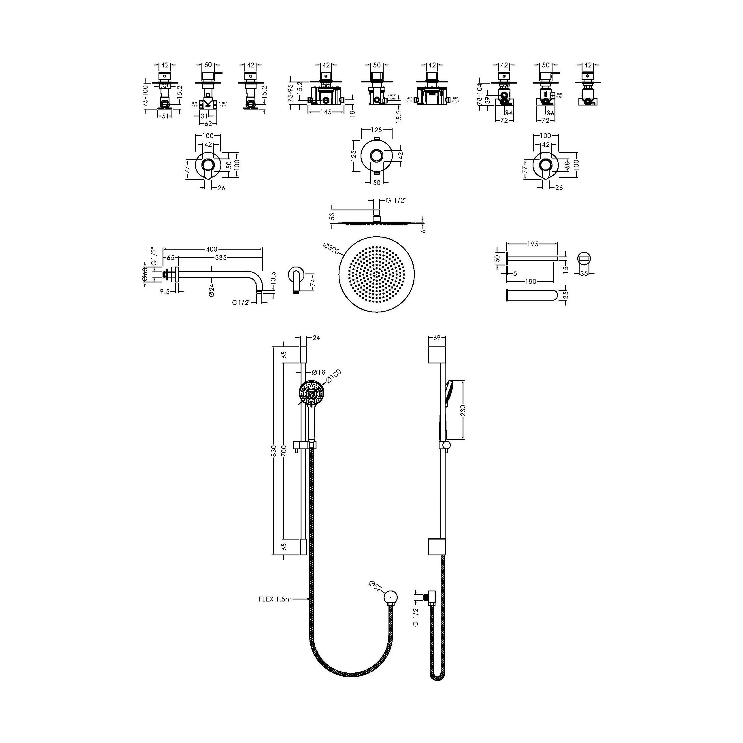 3 Outlet Concealed Valves Shower Bundle with Slide Rail Kit, Wall Mount Arm, Head & Bath Spout- Chrome - Image 2