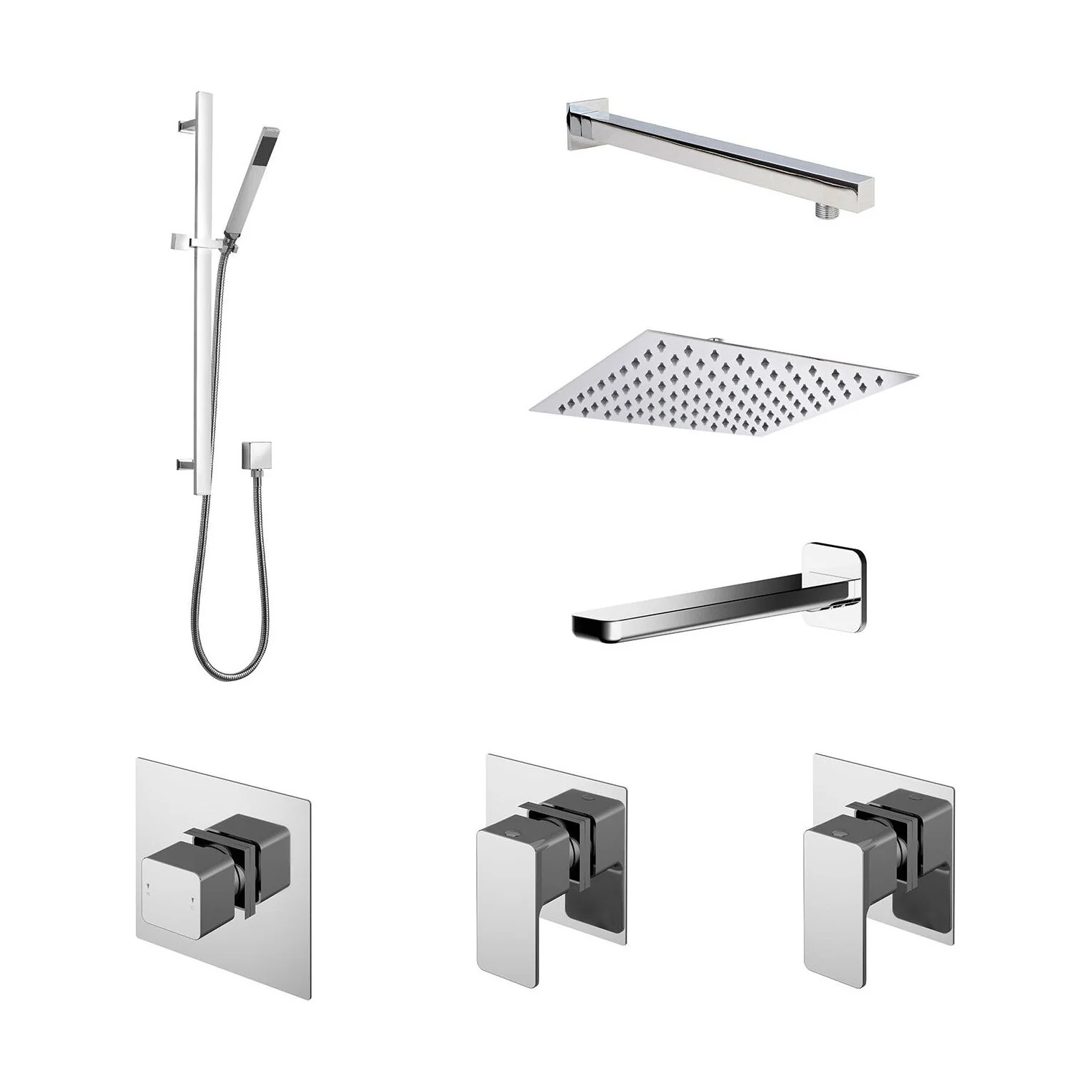 3 Outlet Concealed Valves Shower Bundle with Slide Rail Kit, Wall Mount Arm, Head & Bath Spout- Chrome