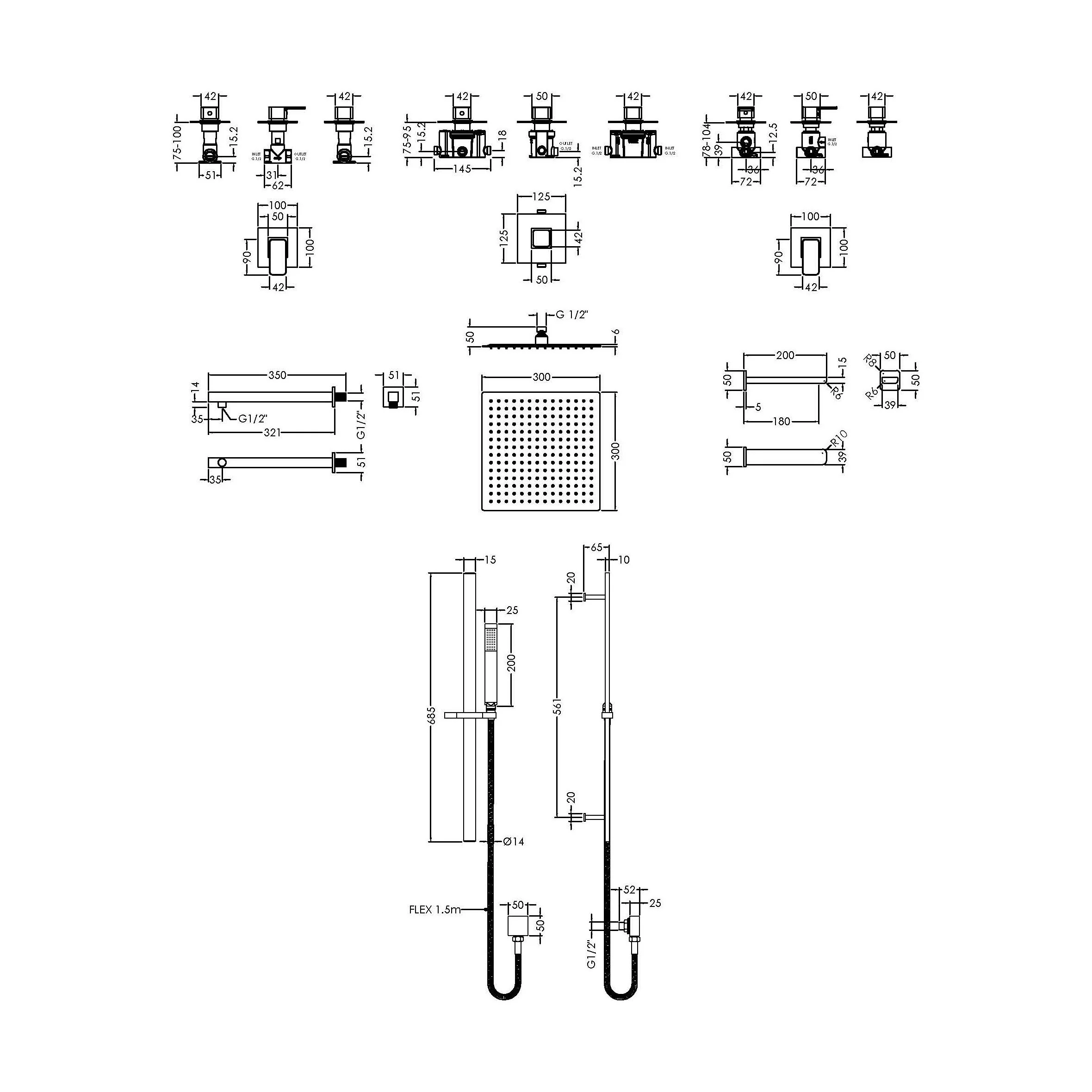 3 Outlet Concealed Valves Shower Bundle with Slide Rail Kit, Wall Mount Arm, Head & Bath Spout- Chrome - Image 2