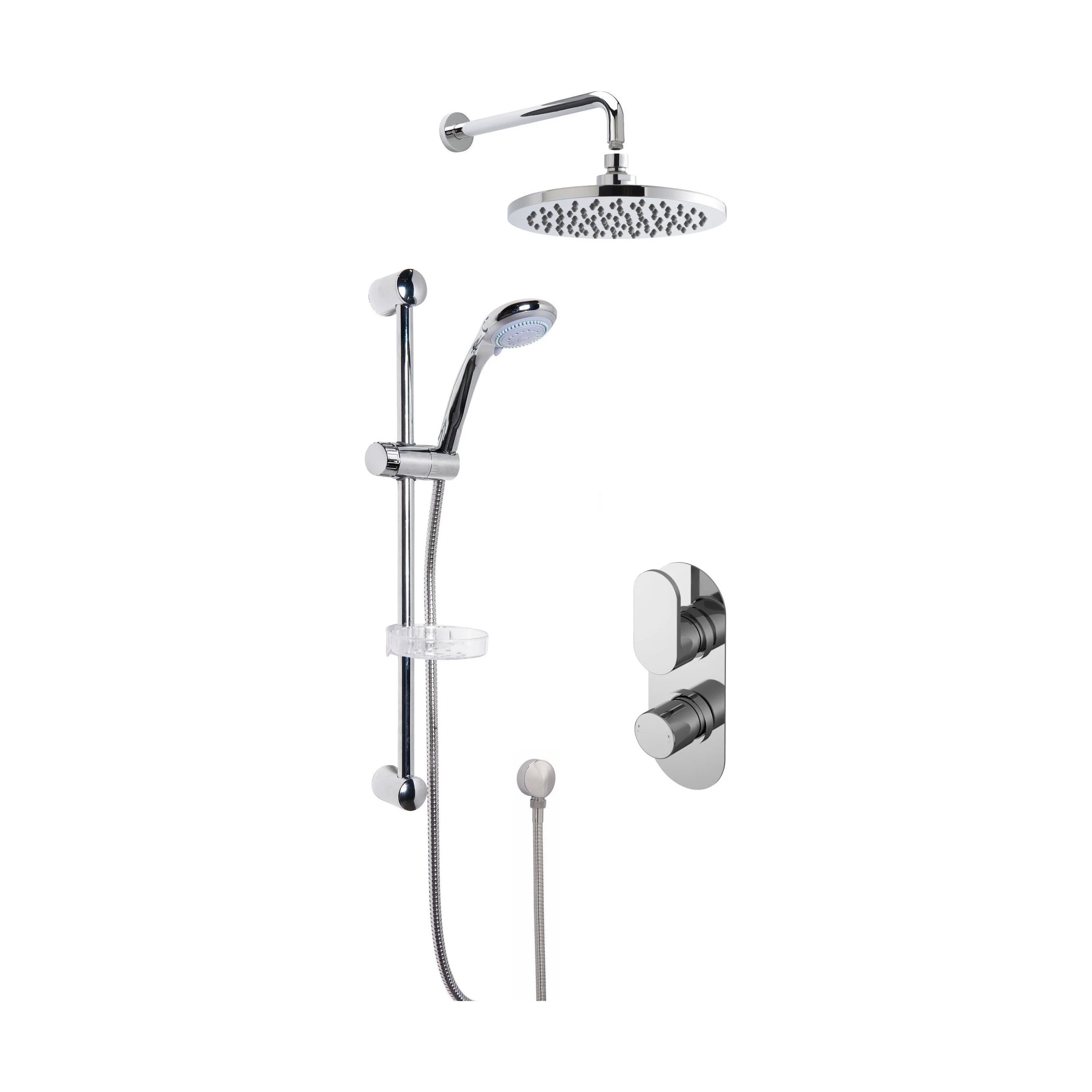 Current Concealed Round Twin Valve with Multi Function Slide Rail Kit, Arm & Head Shower Bundle - Chrome - Balterley