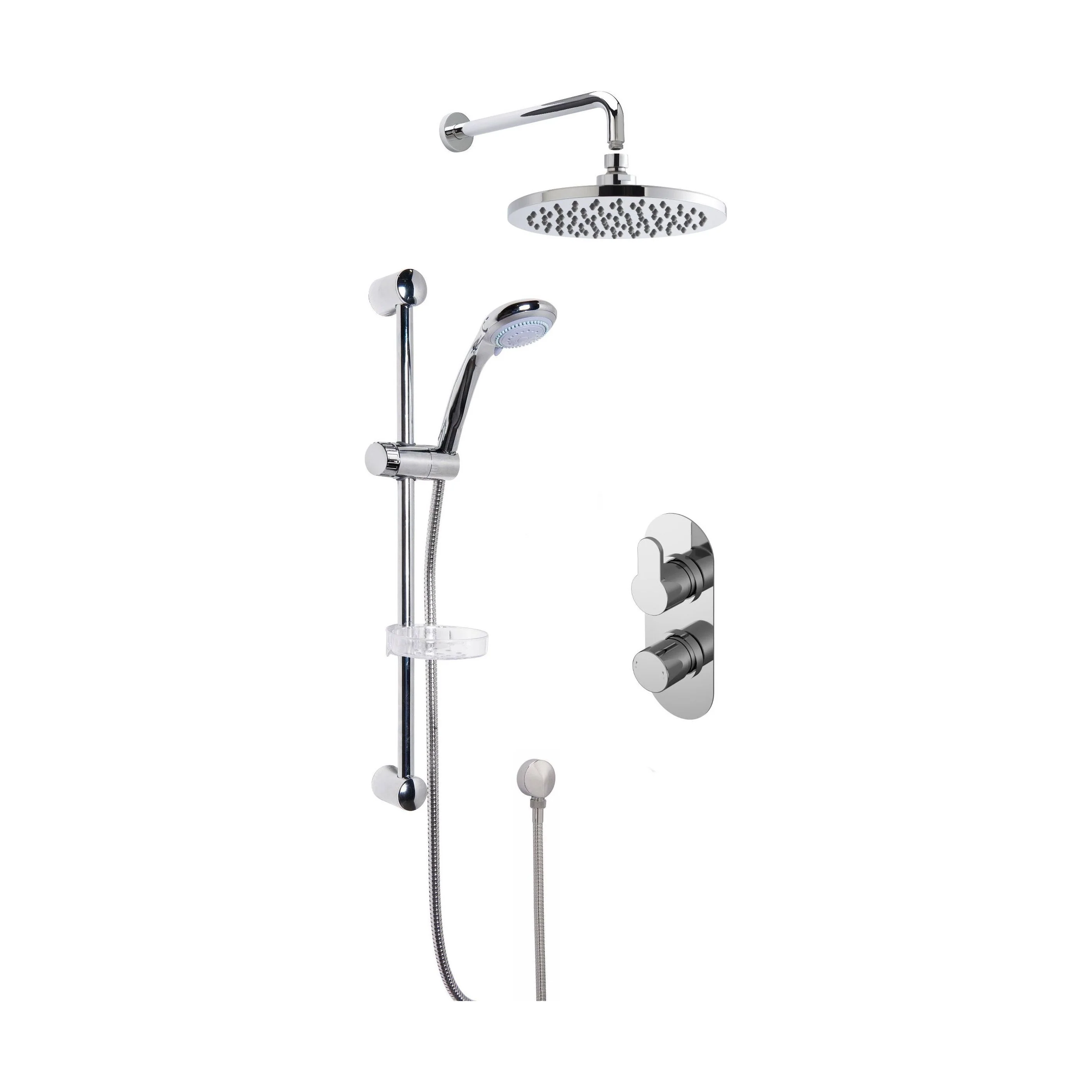 Pride Concealed Round Twin Valve with Multi Function Slide Rail Kit, Arm & Head Shower Bundle - Chrome - Balterley