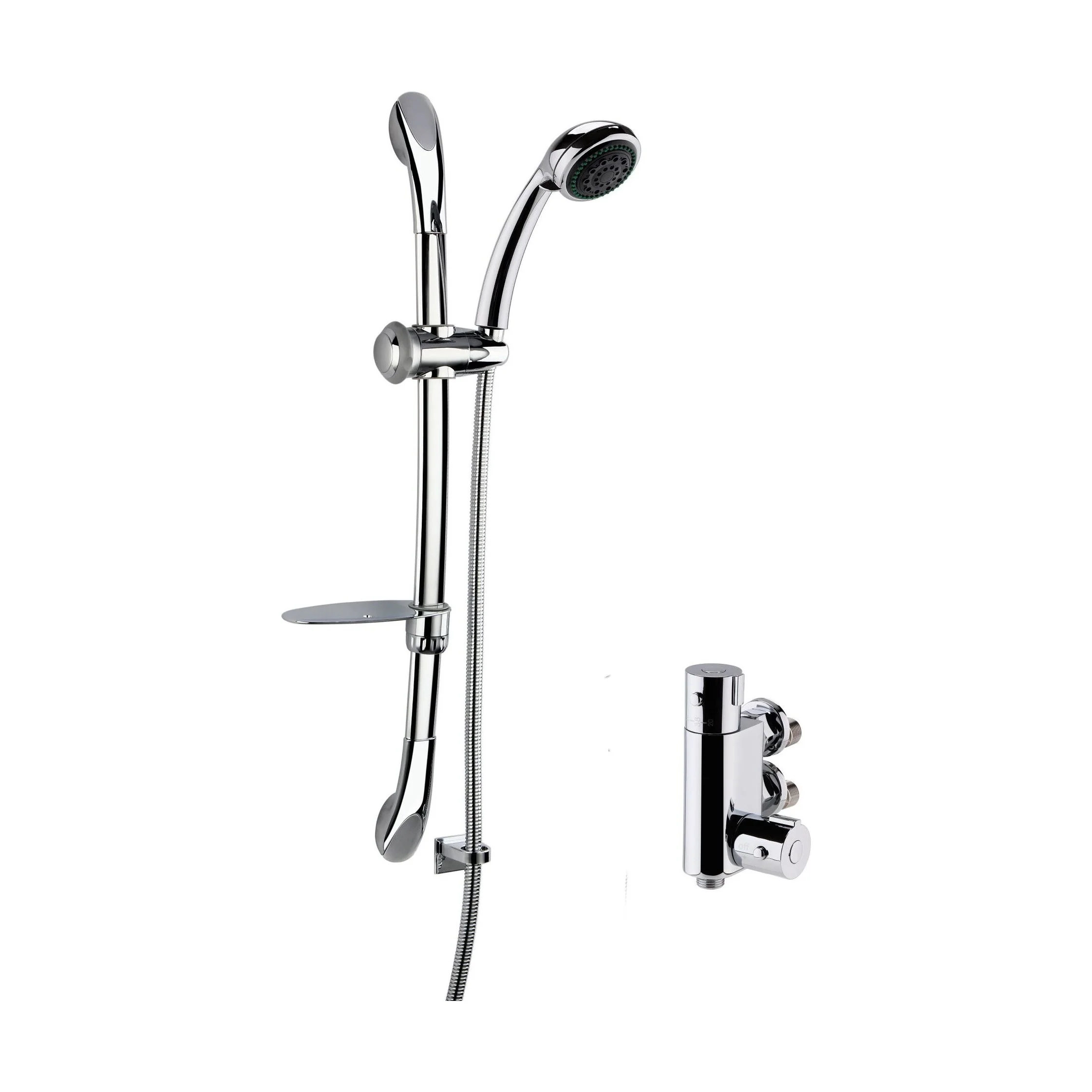 Round Thermostatic Vertical Bar Valve and Luxury Curved Slider Rail Kit Shower Bundle - Chrome - Balterley