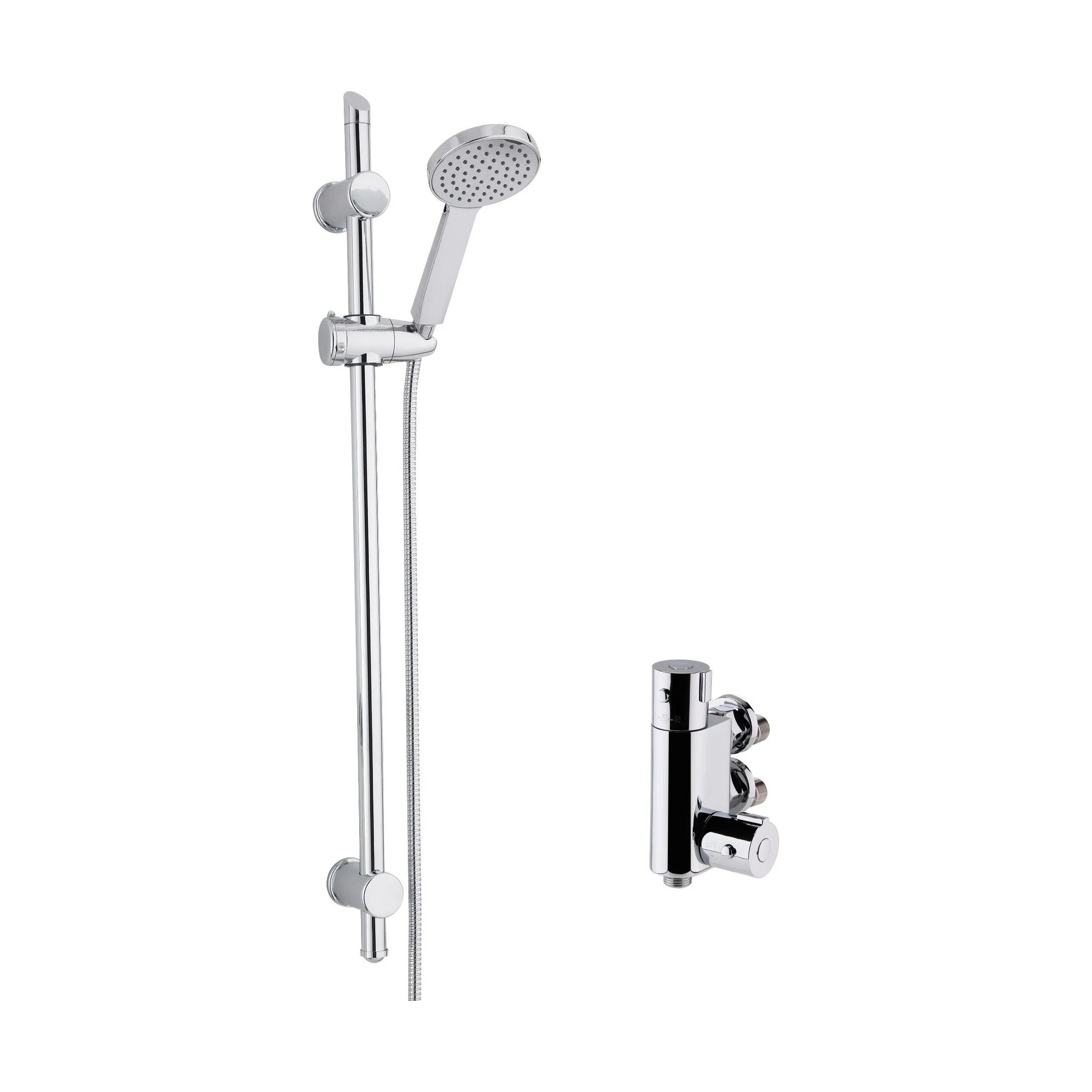 Round Thermostatic Vertical Bar Valve and Water Saving Handset Slider Rail Kit Shower Bundle - Chrome - Balterley