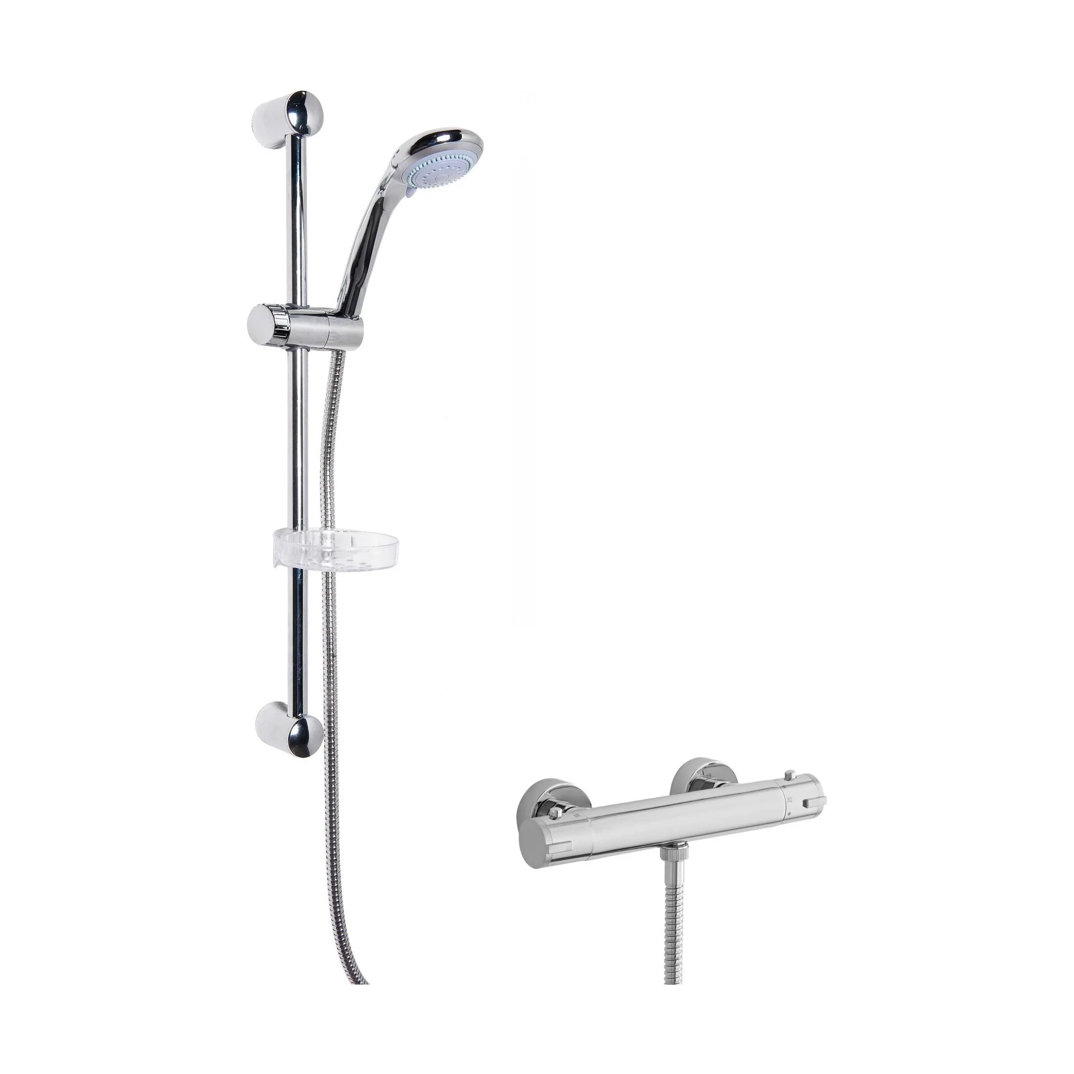 Round Thermostatic Minimalist Bar Valve and Multi Function Handset Slider Rail Kit Shower Bundle - Chrome - Balterley