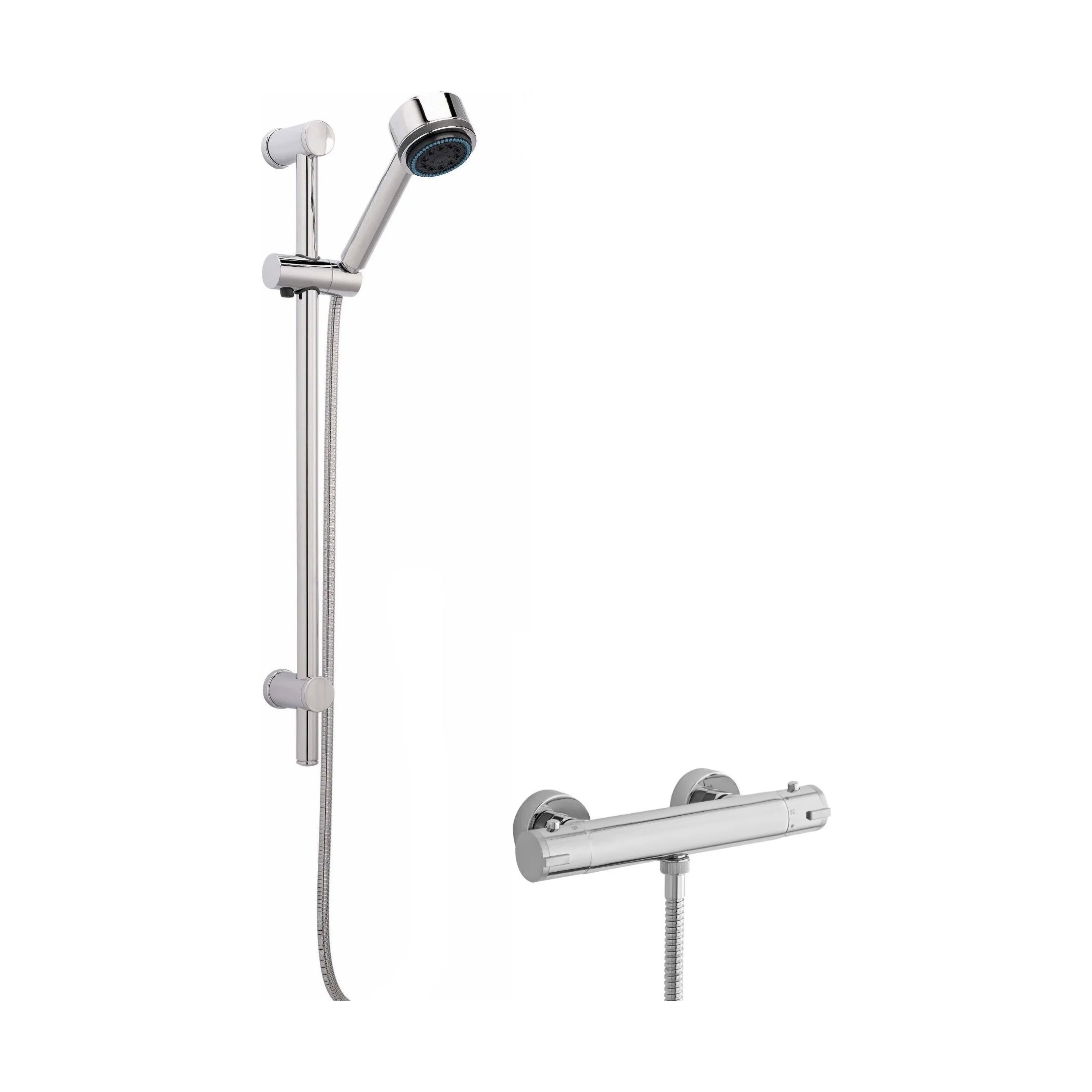 Round Thermostatic Minimalist Bar Valve and Brass Multi Function Handset Slider Rail Kit Shower Bundle - Chrome - Balterley