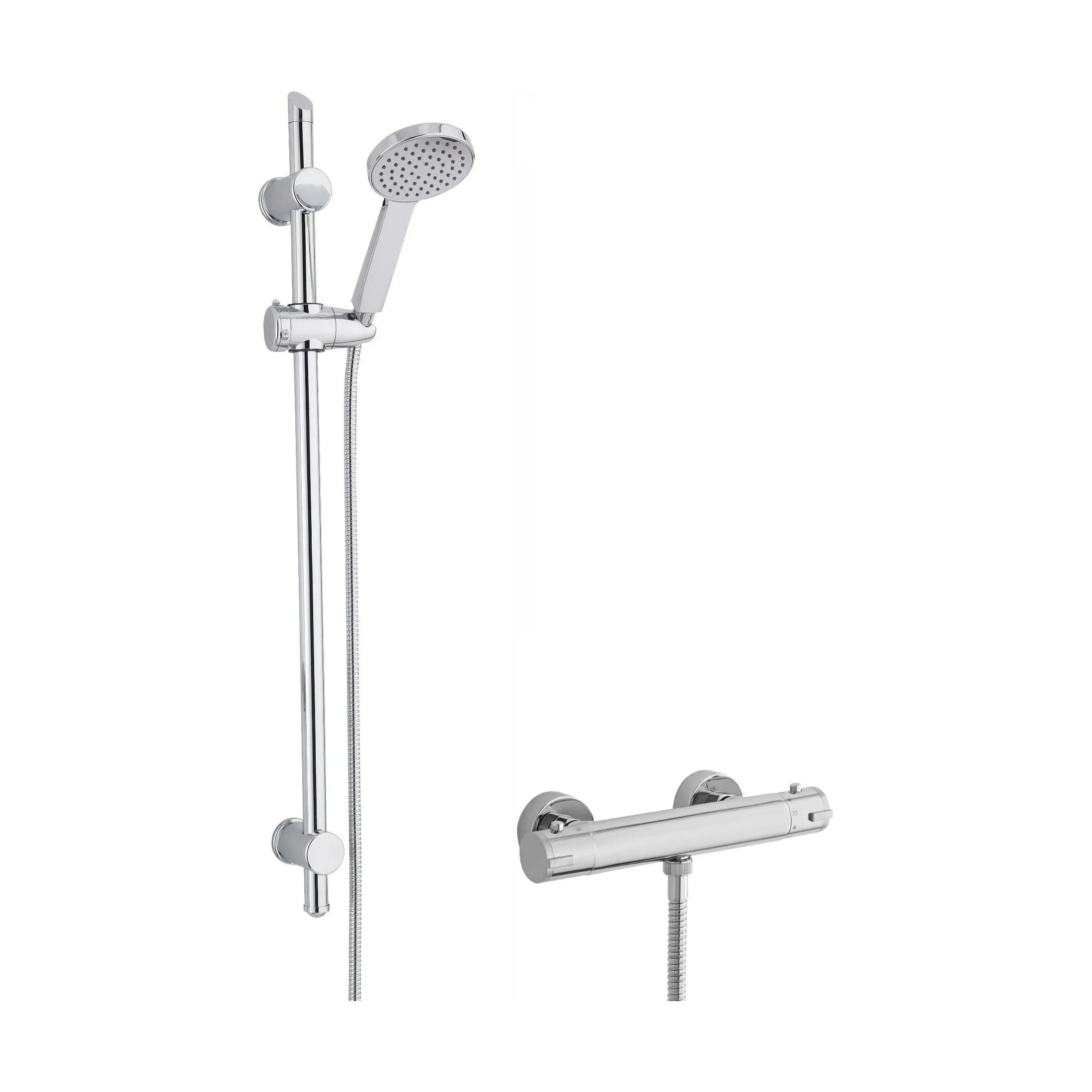 Round Thermostatic Minimalist Bar Valve and Water Saving Handset Slider Rail Kit Shower Bundle - Chrome - Balterley