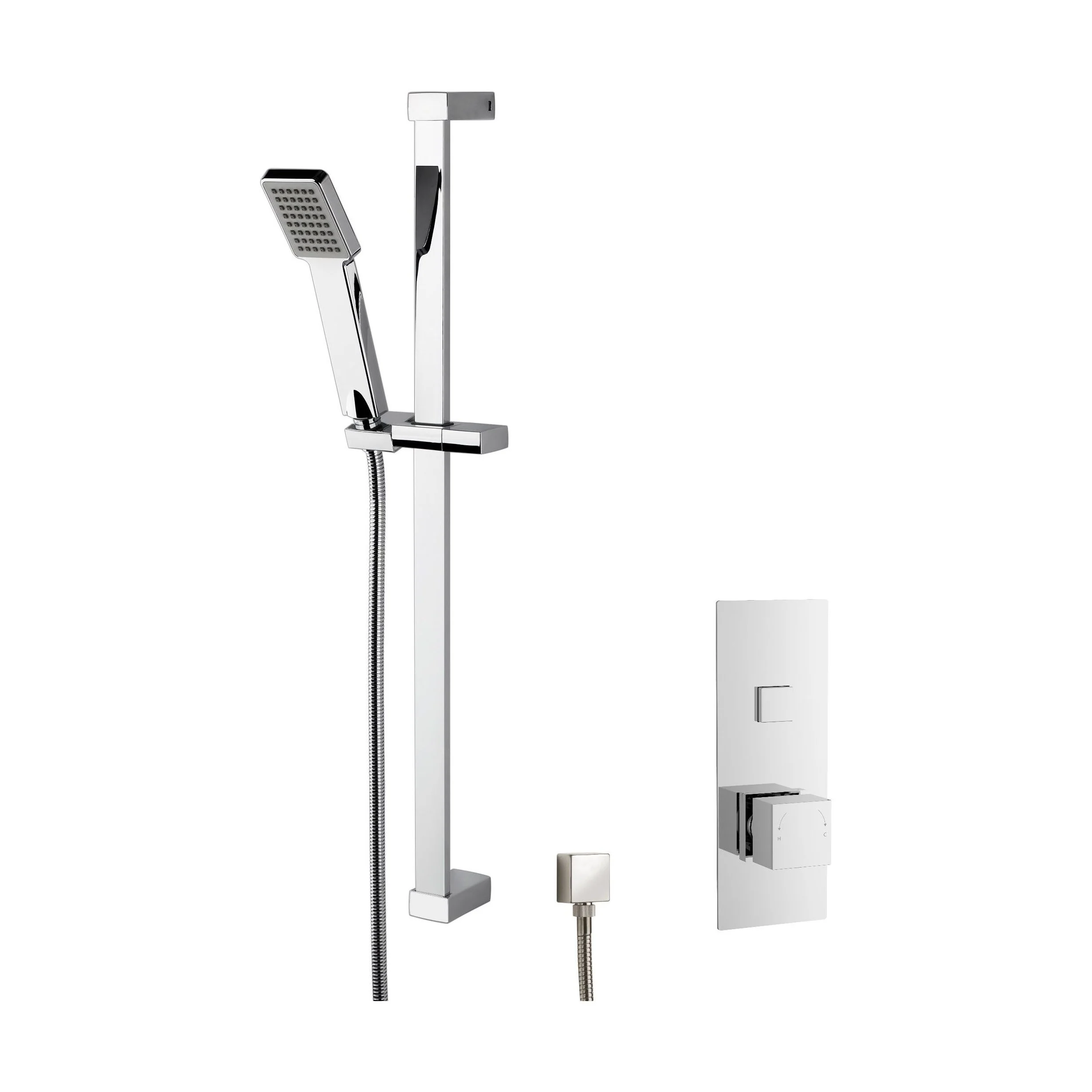 Concealed Square Push Button 1 Outlet Valve & Slide Rail Kit Shower Bundle Set - Chrome - Balterley