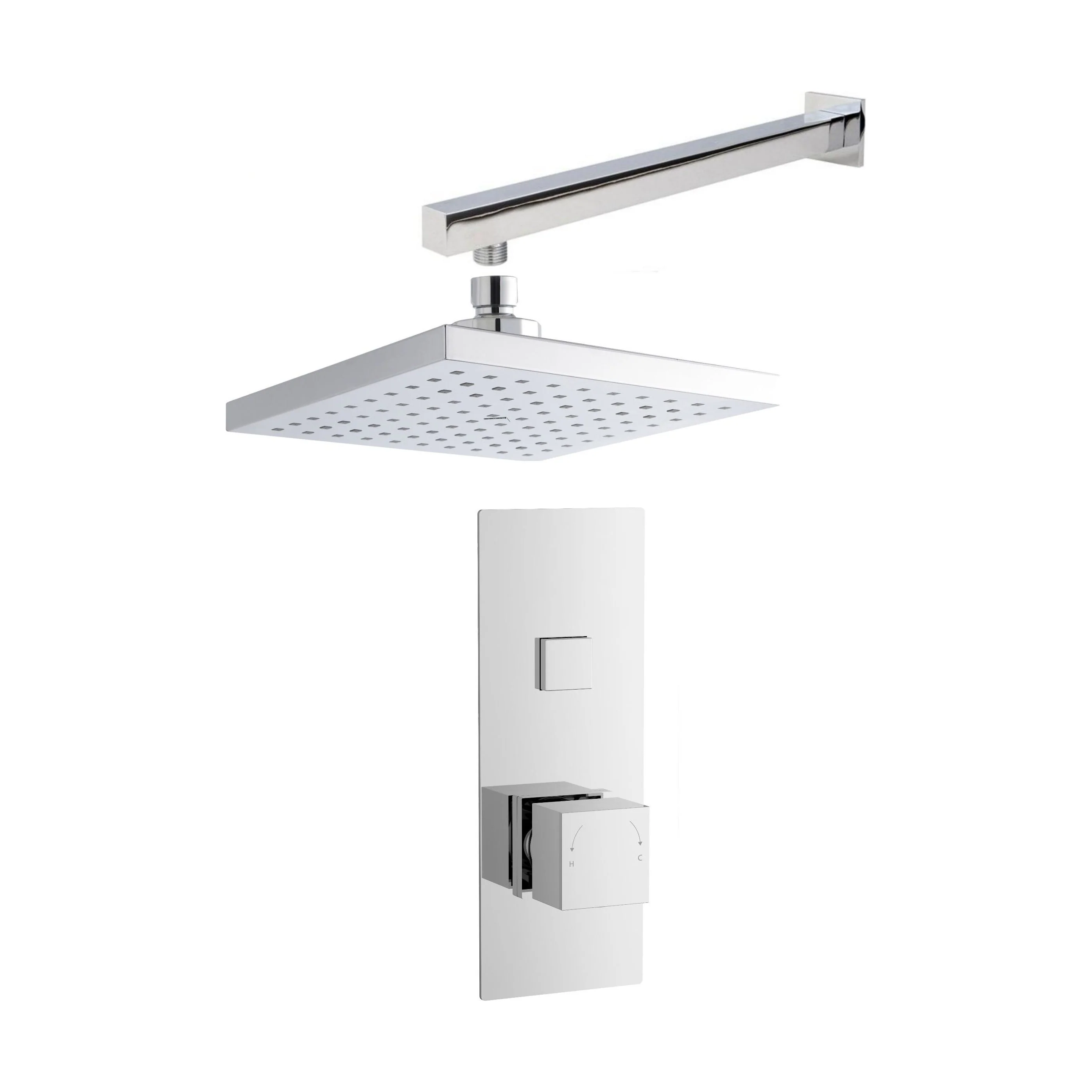 Concealed Square Push Button 1 Outlet Valve, Arm & Head Shower Bundle Set - Chrome - Balterley